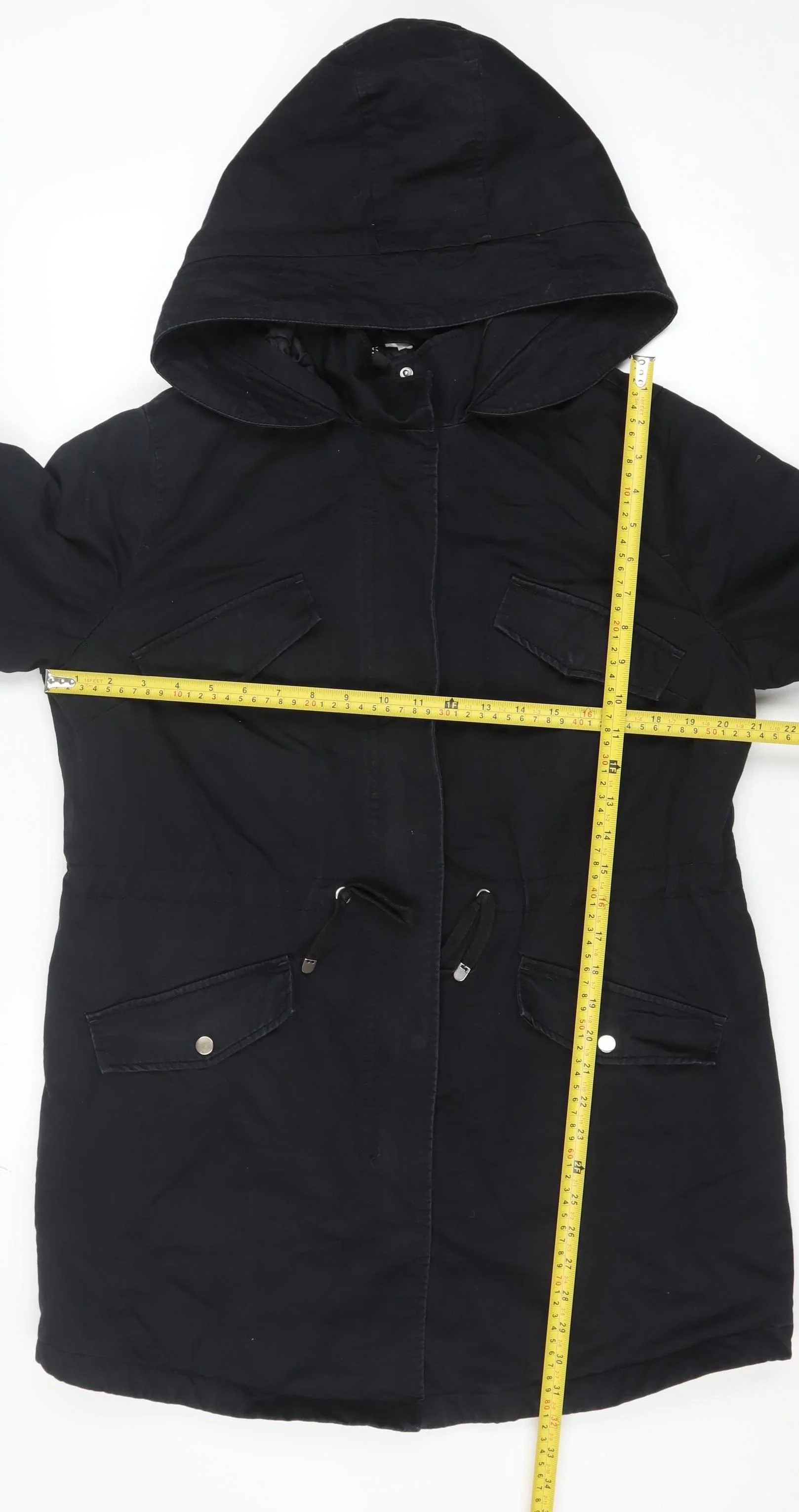 H&M Women Black Cotton Parka Coat Hooded Long M - Image 2
