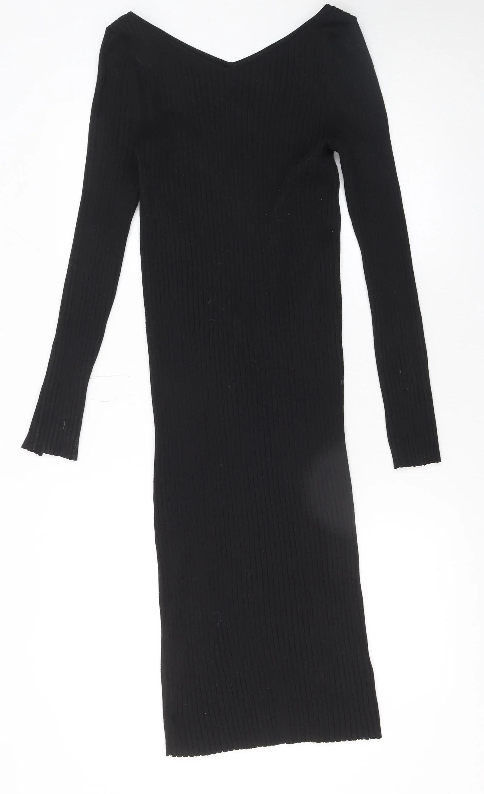 H&M Women Black Midi Bodycon Dress Size 12 Long Sleeve V-Neck