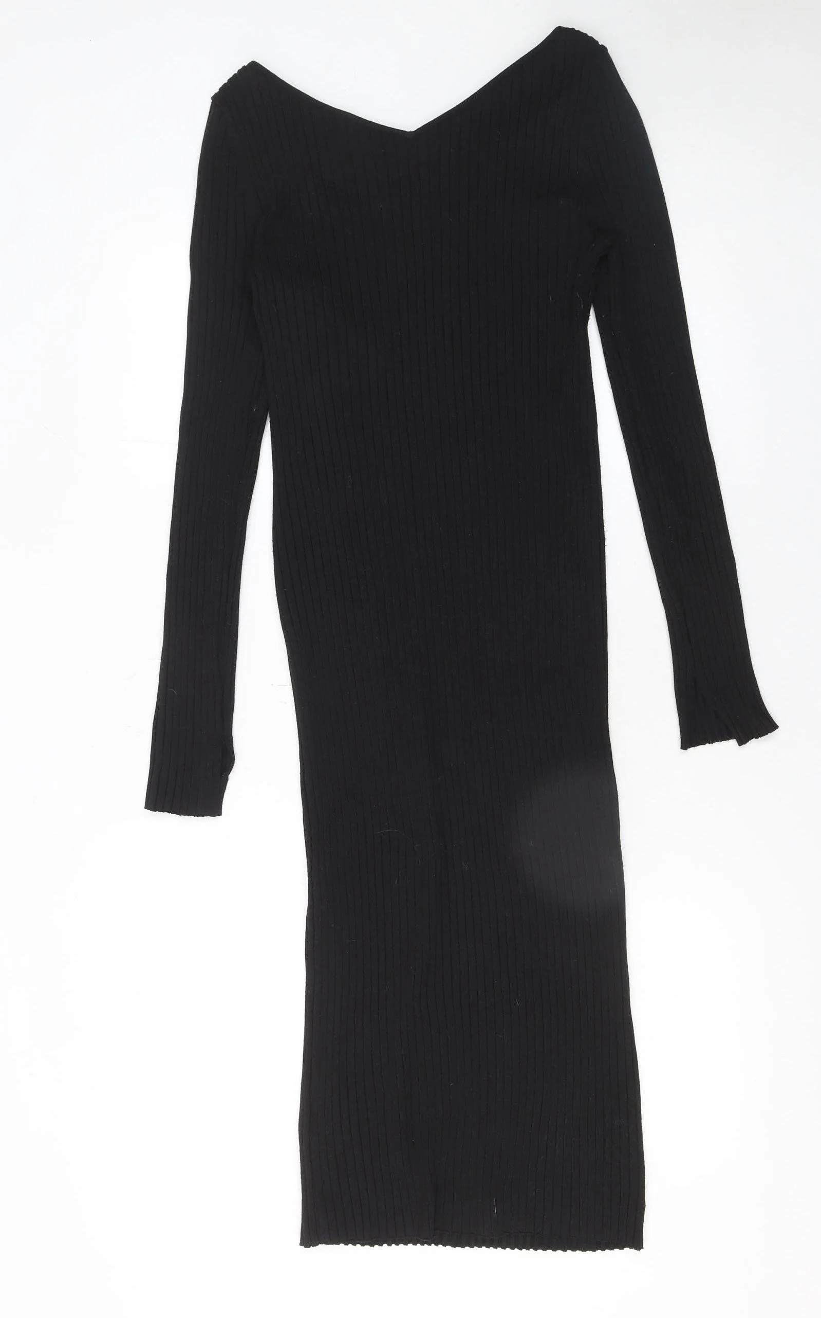 H&M Women Black Midi Bodycon Dress Size 12 Long Sleeve V-Neck - Image 3