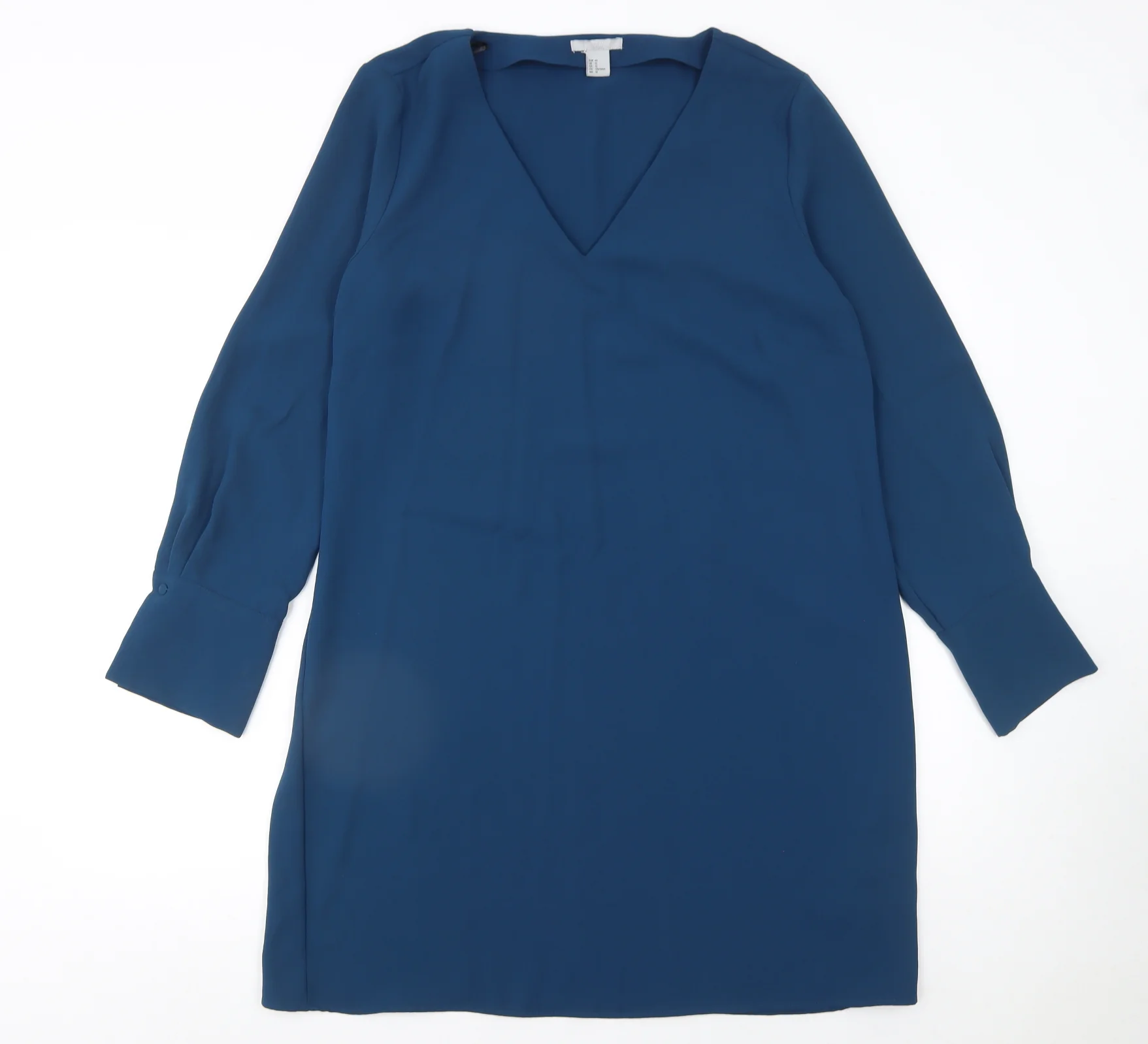 H&M Women Blue Shift Knee Length Dress Size 16 V-Neck Long Sleeve