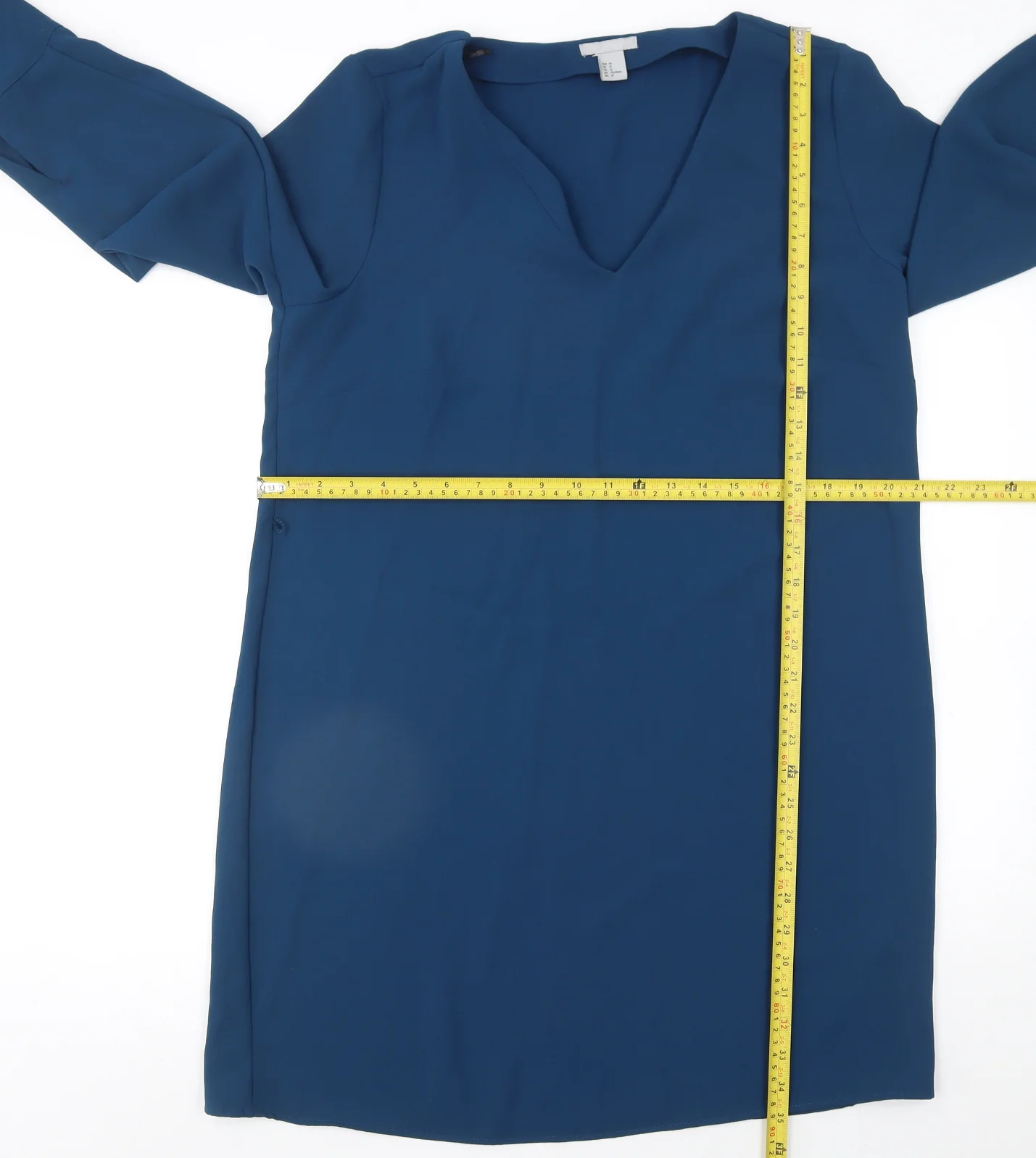 H&M Women Blue Shift Knee Length Dress Size 16 V-Neck Long Sleeve - Image 2