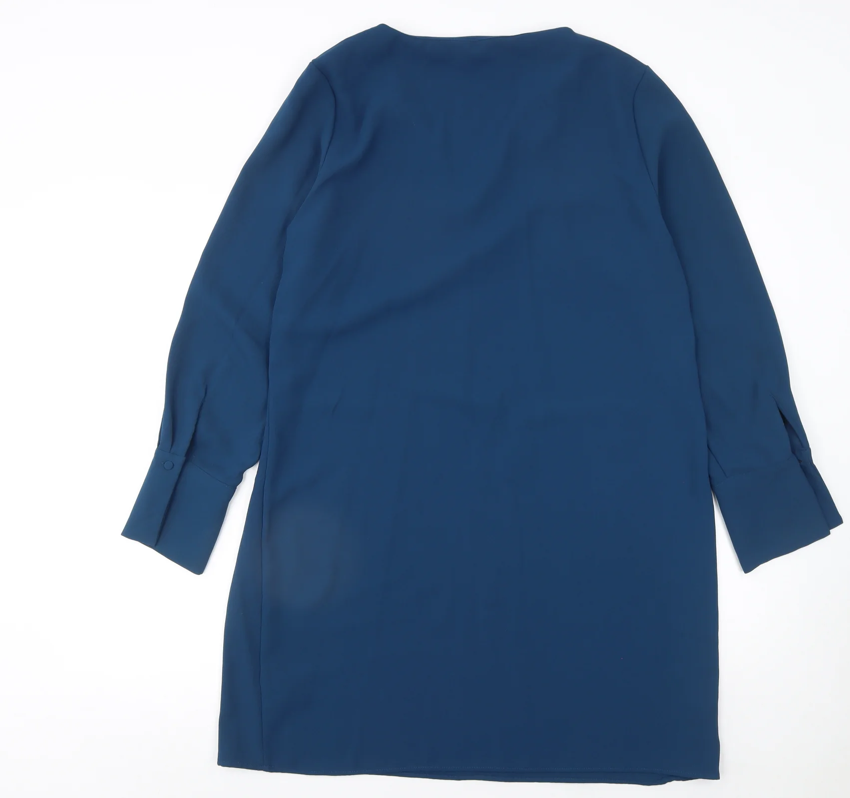 H&M Women Blue Shift Knee Length Dress Size 16 V-Neck Long Sleeve - Image 3