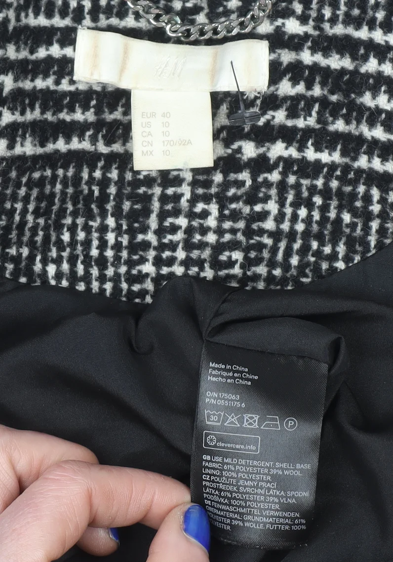 H&M Women Grey Check Wool Blend Mid-Length Overcoat Size 12 - Image 4