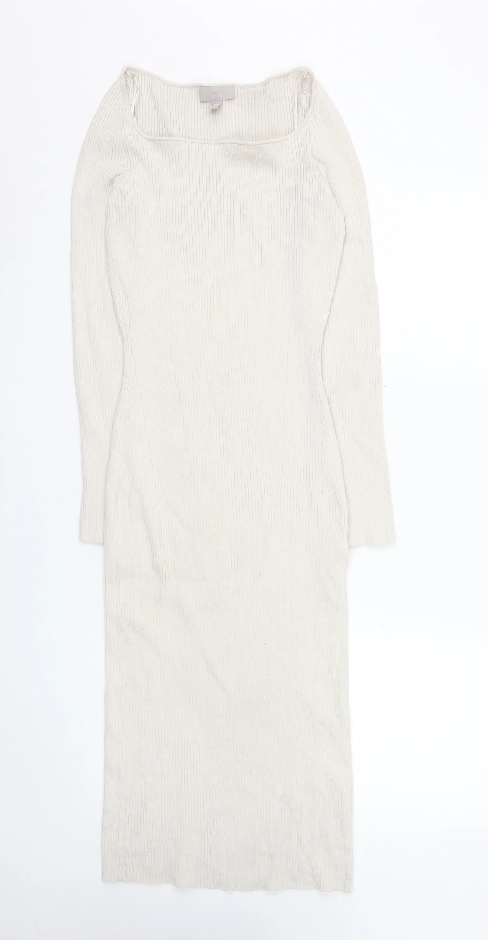 H&M Women Ivory Knit Bodycon Midi Dress Size 10 Long Sleeve