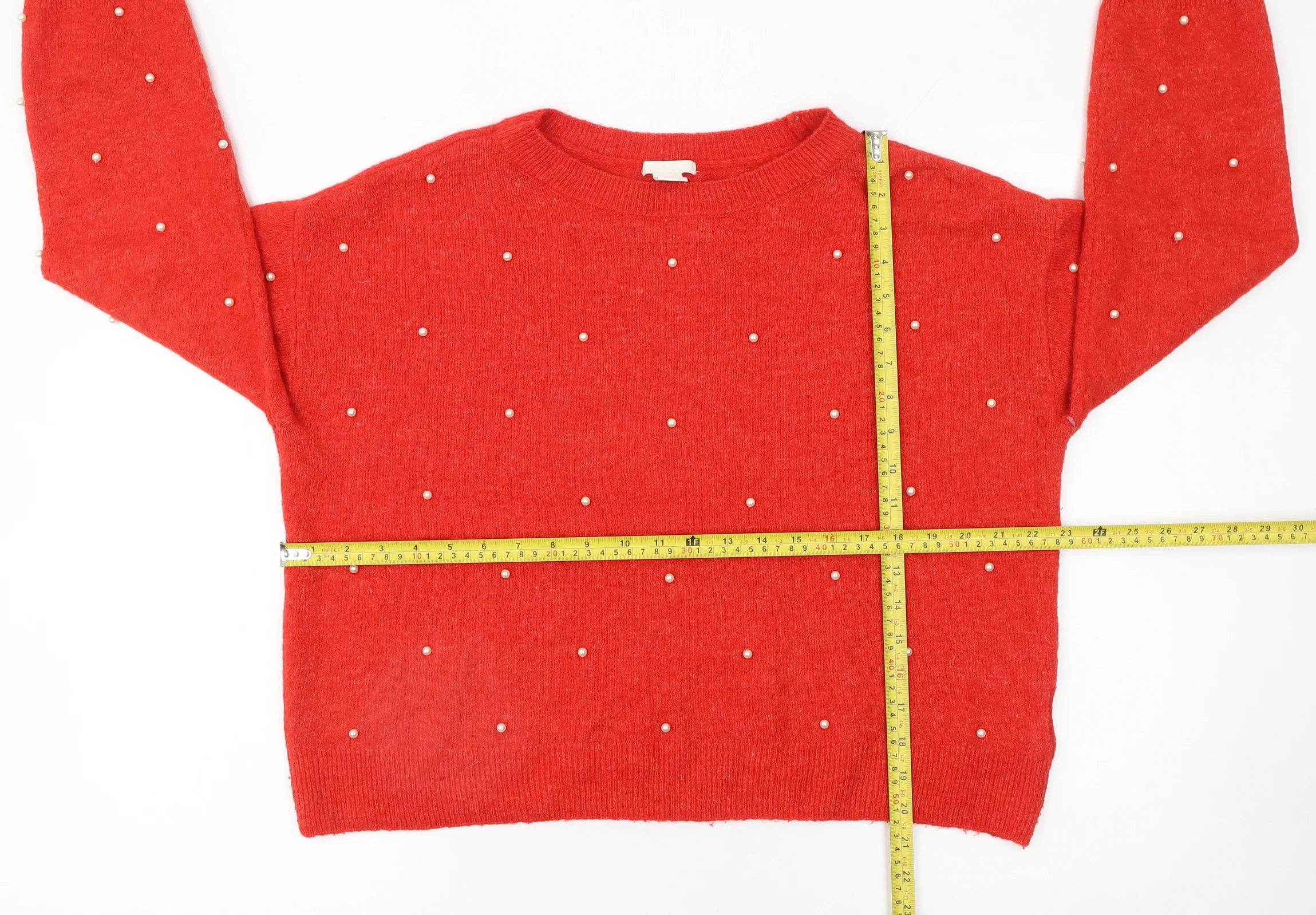 H&M Women Red Beaded Crew Neck Wool Blend Jumper Size 12 - Image 2