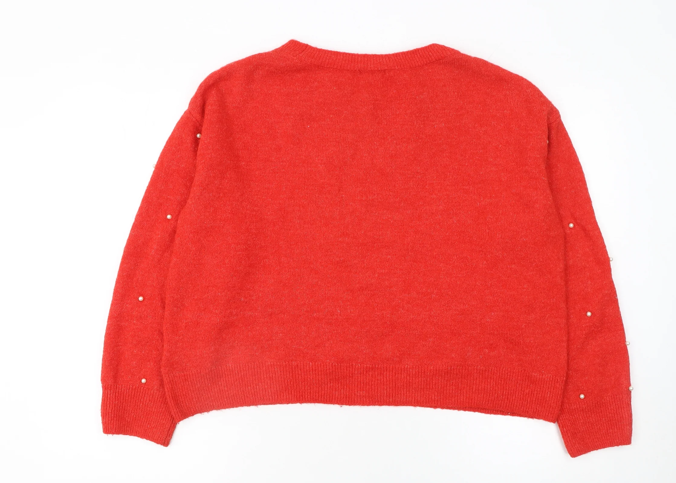 H&M Women Red Beaded Crew Neck Wool Blend Jumper Size 12 - Image 3