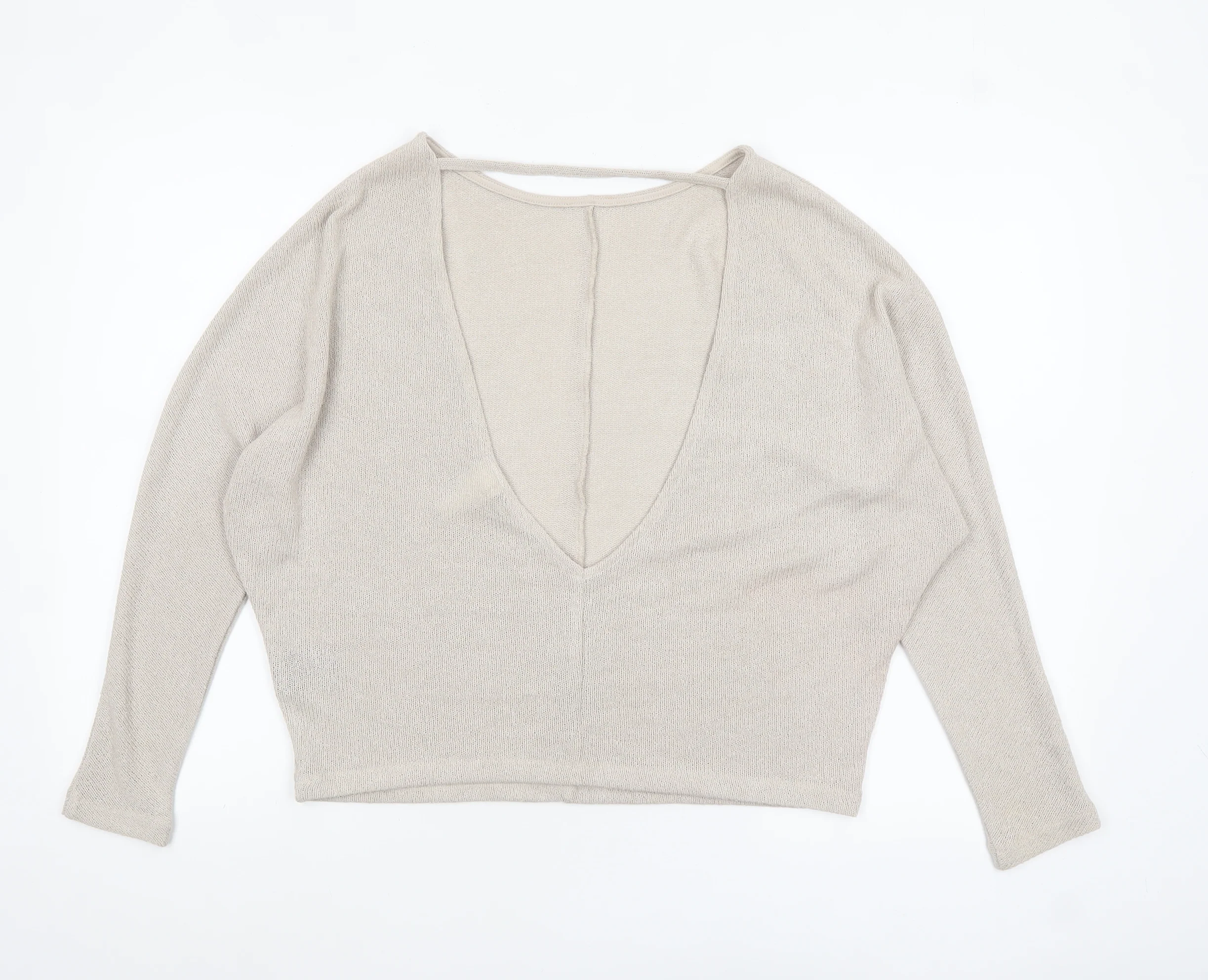 H&M Women’s Beige Cropped Knit V-Neck Blouse Size S Relaxed Fit - Image 3