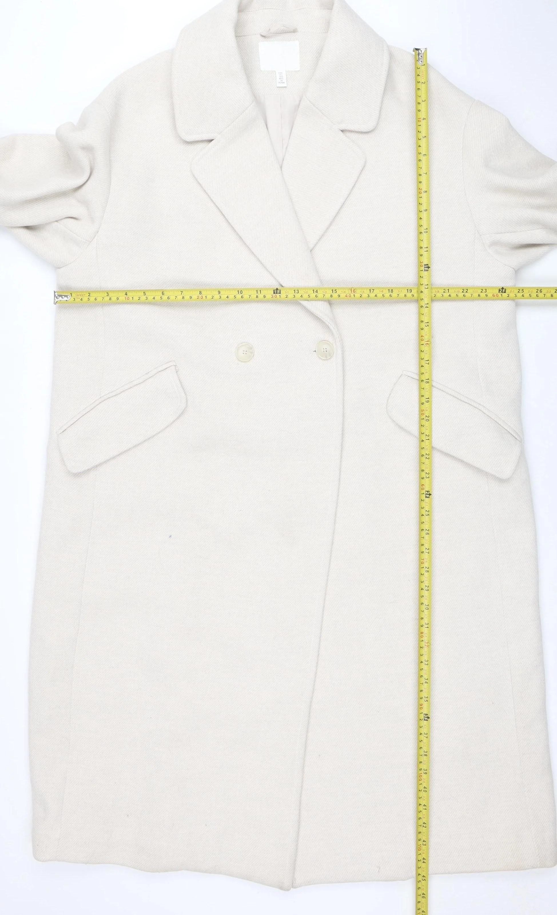 H&M Women’s Beige Long Pea Coat Size 14 Wool Blend Buttoned Classic - Image 2
