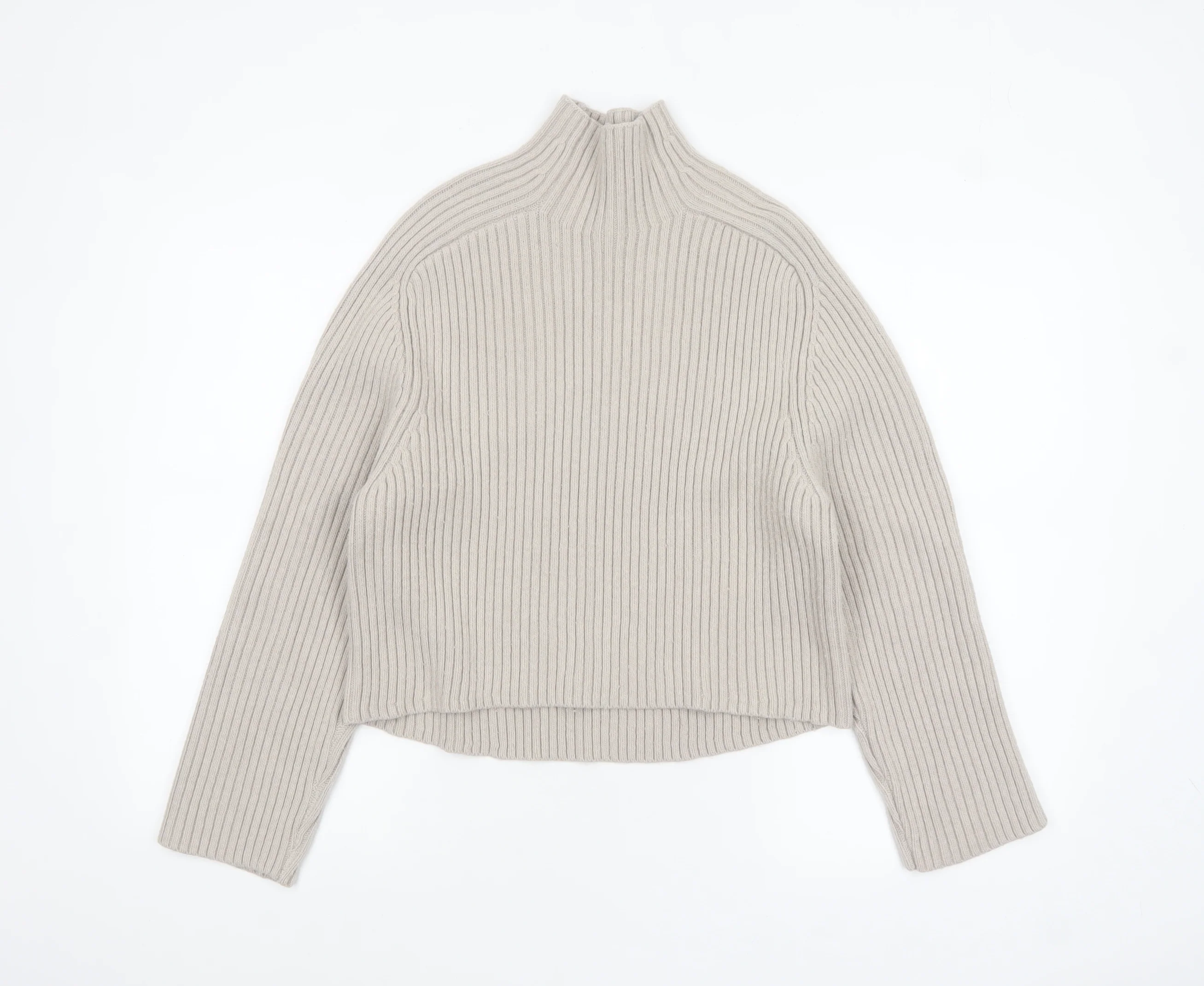 H&M Women’s Beige Ribbed Wool Blend Mock Neck Jumper XS