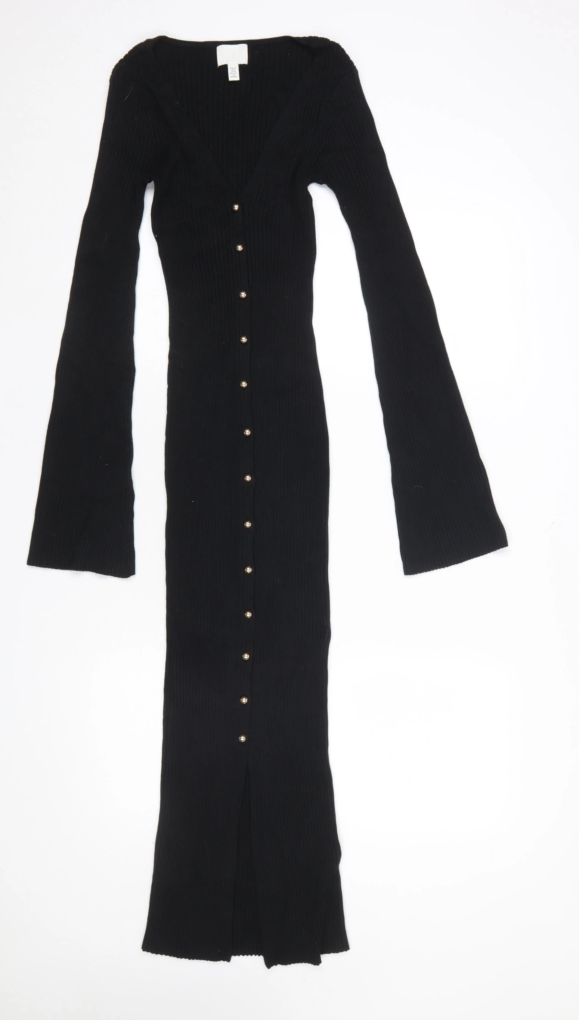 H&M Women’s Black Bodycon Long Sleeve Button Ribbed Midi Dress XS