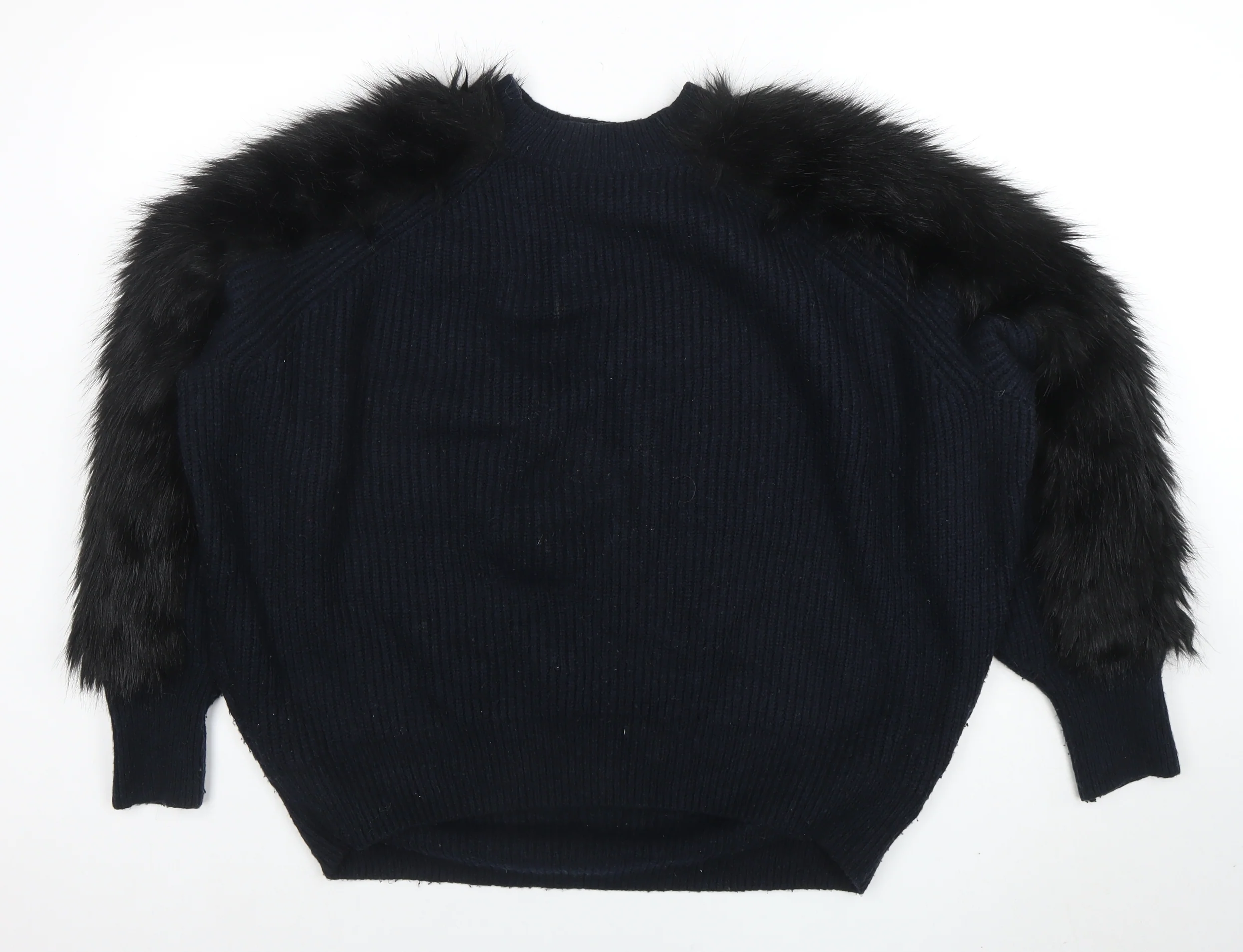 H&M Women’s Black Faux Fur Trim Knit Jumper Size M
