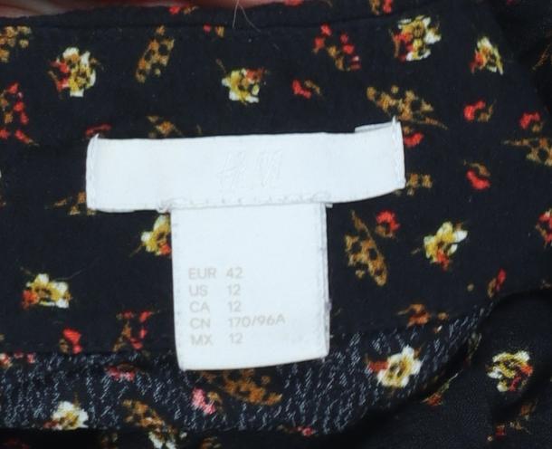 H&M Women’s Black Floral 3/4 Sleeve Viscose Tunic Blouse Size 14 - Image 4