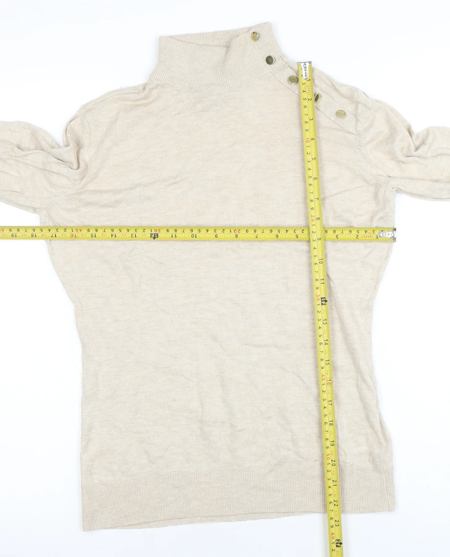 H&M Women's Beige Mock Neck Button Detail Knit Jumper Size M - Image 2