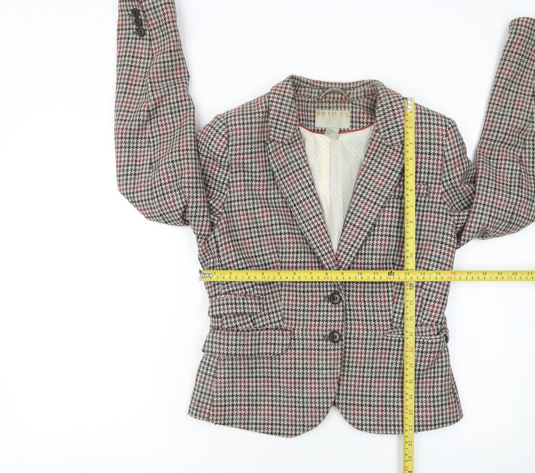 H&M Womens Brown Checked Wool Blend Single-Breasted Blazer UK 12 - Image 2