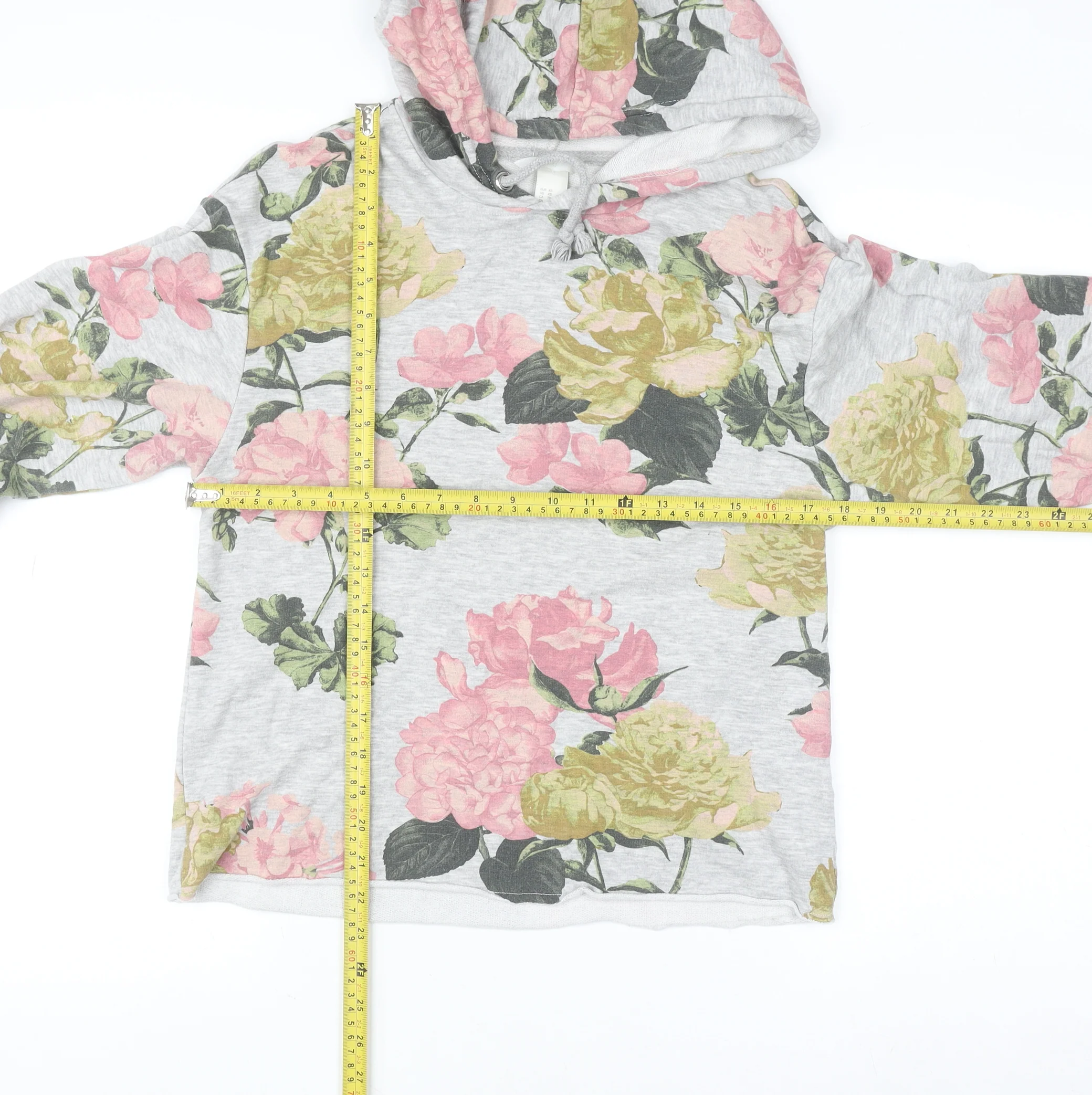 H&M Womens Grey Floral Pullover Hoodie XS Cotton Blend - Image 2