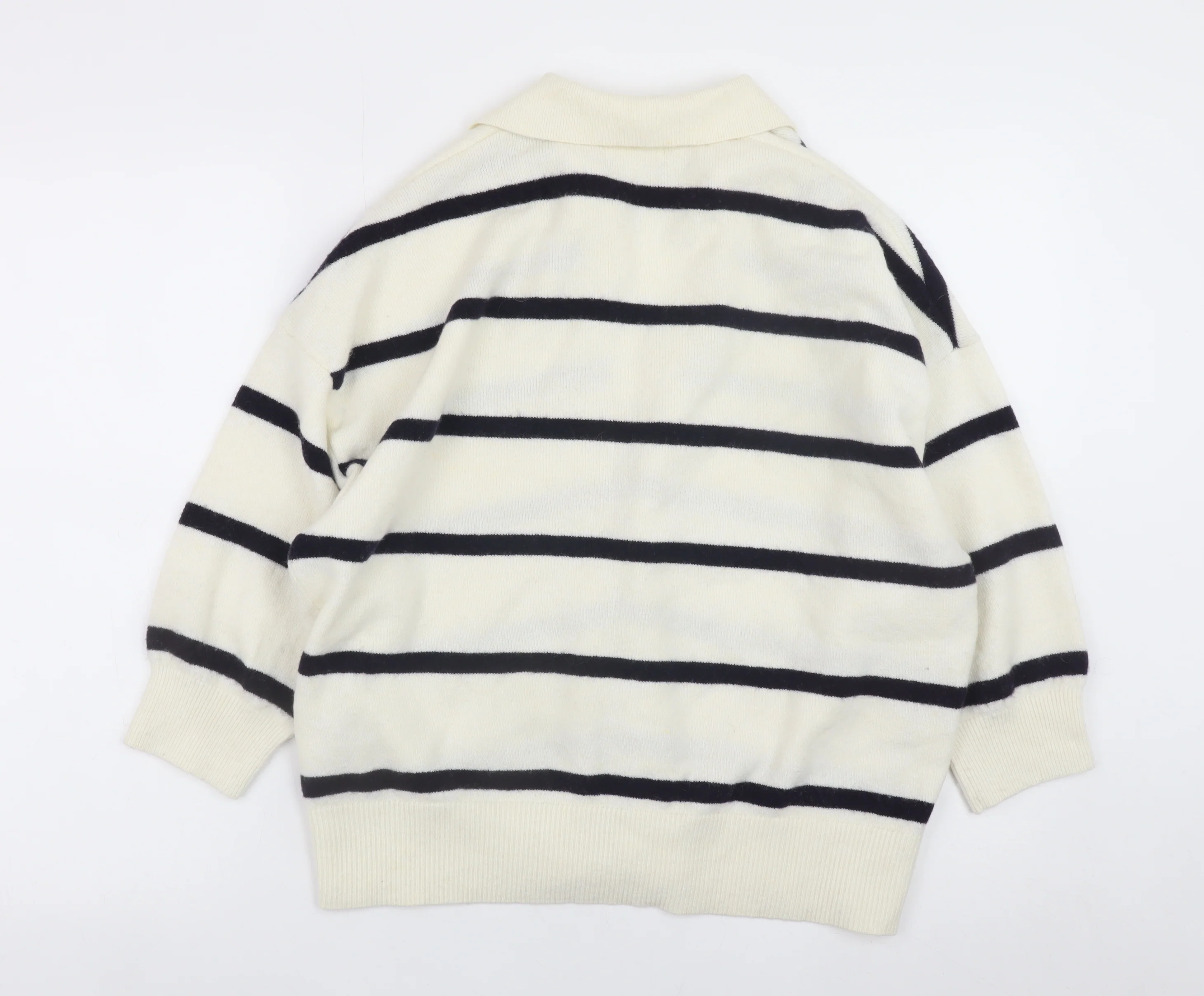 H&M Women's Ivory Striped Collared Pullover Jumper Size M - Image 3