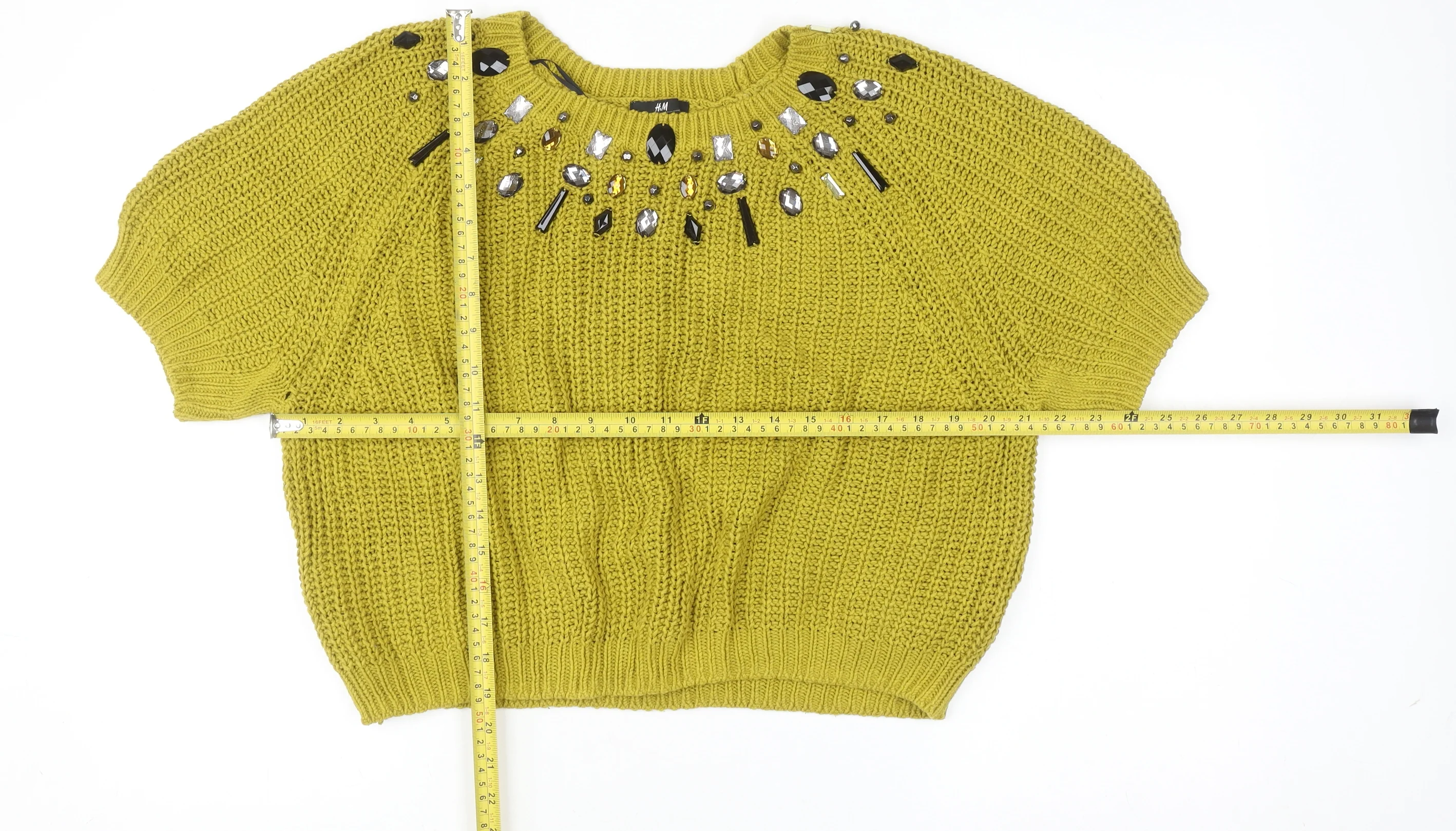 H&M Women's Yellow Beaded Knit Cropped Sweater Size L - Image 2