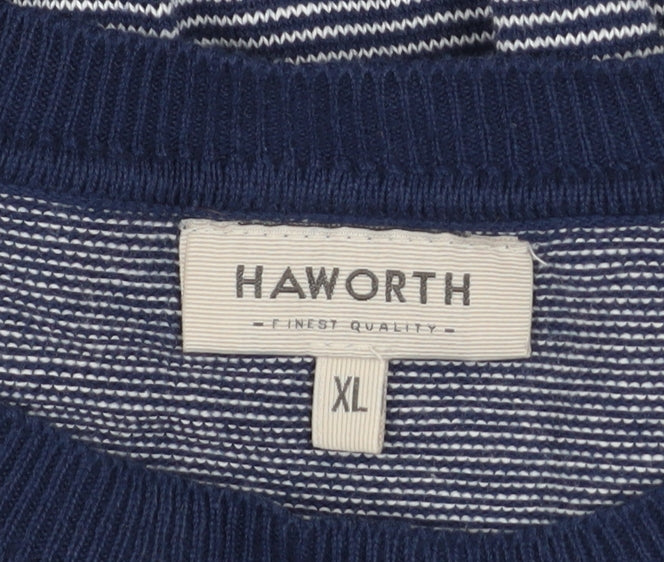 Haworth Men Blue Striped Cotton Crew Neck Pullover Jumper XL - Image 5