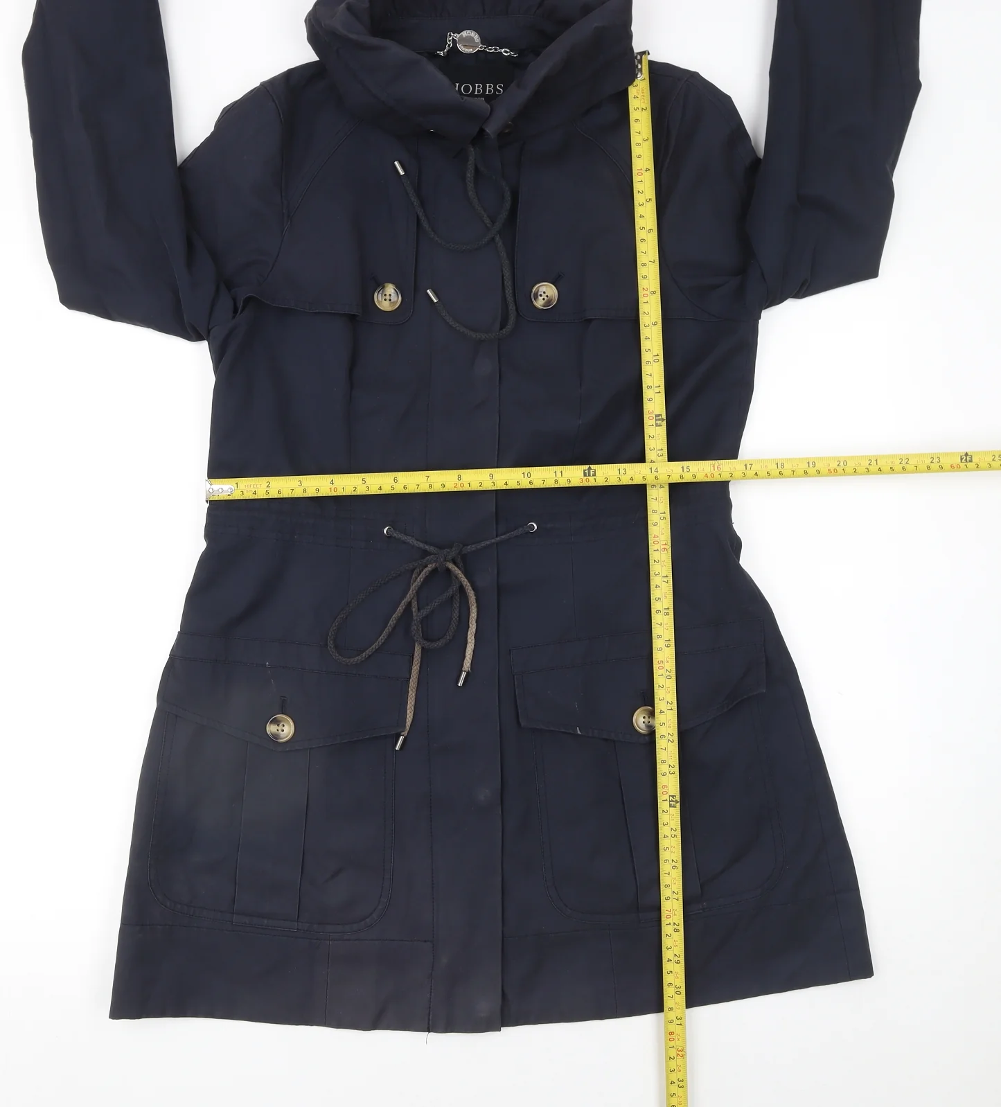 Hobbs London Navy Hooded Parka Jacket Women's Size 8 Drawstring Waist - Image 2