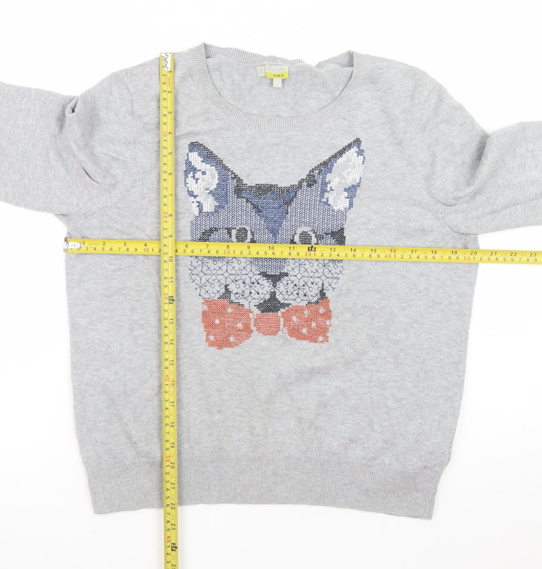 Hobbs Women’s Grey Cat Jumper L Crew Neck Knit Pullover Sweater - Image 2