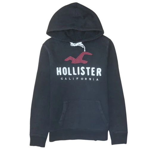 Hollister Mens Black Pullover Hoodie Medium Logo Embroidered Fleece