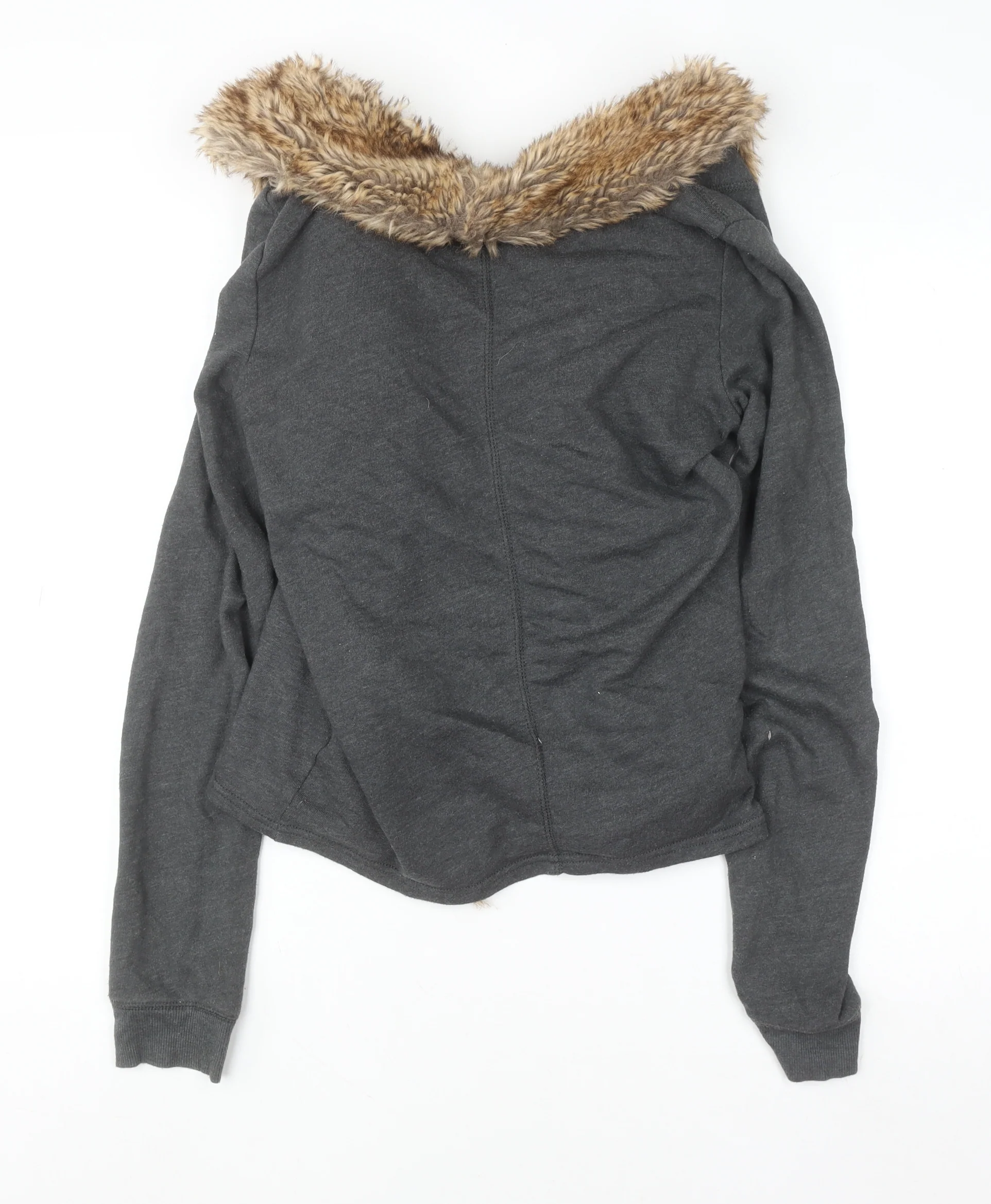 Hollister Women Grey Faux Fur Trim Cardigan M/L Winter Knitwear - Image 3