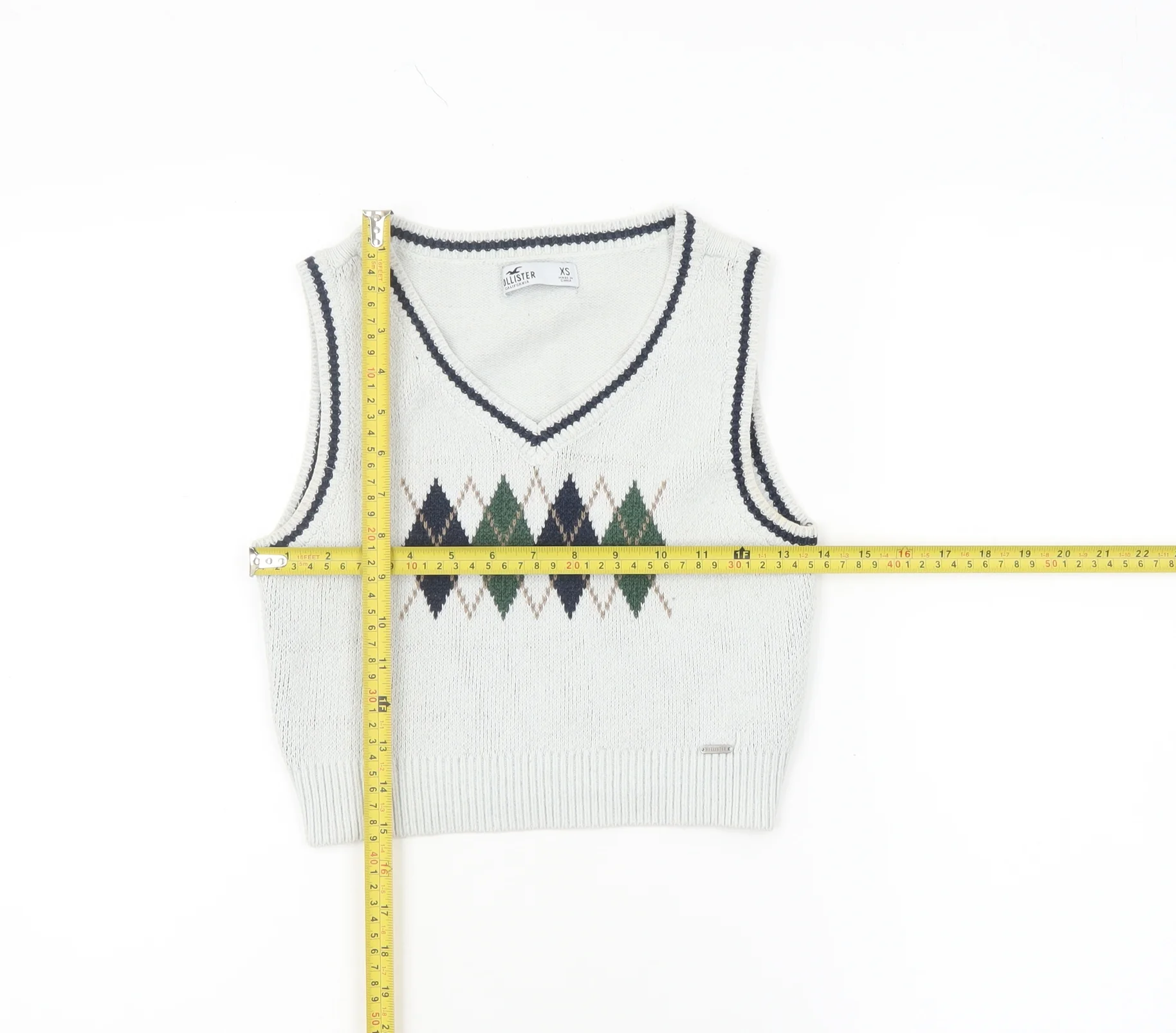 Hollister Women White Argyle Knit V-Neck Sleeveless Vest XS - Image 2