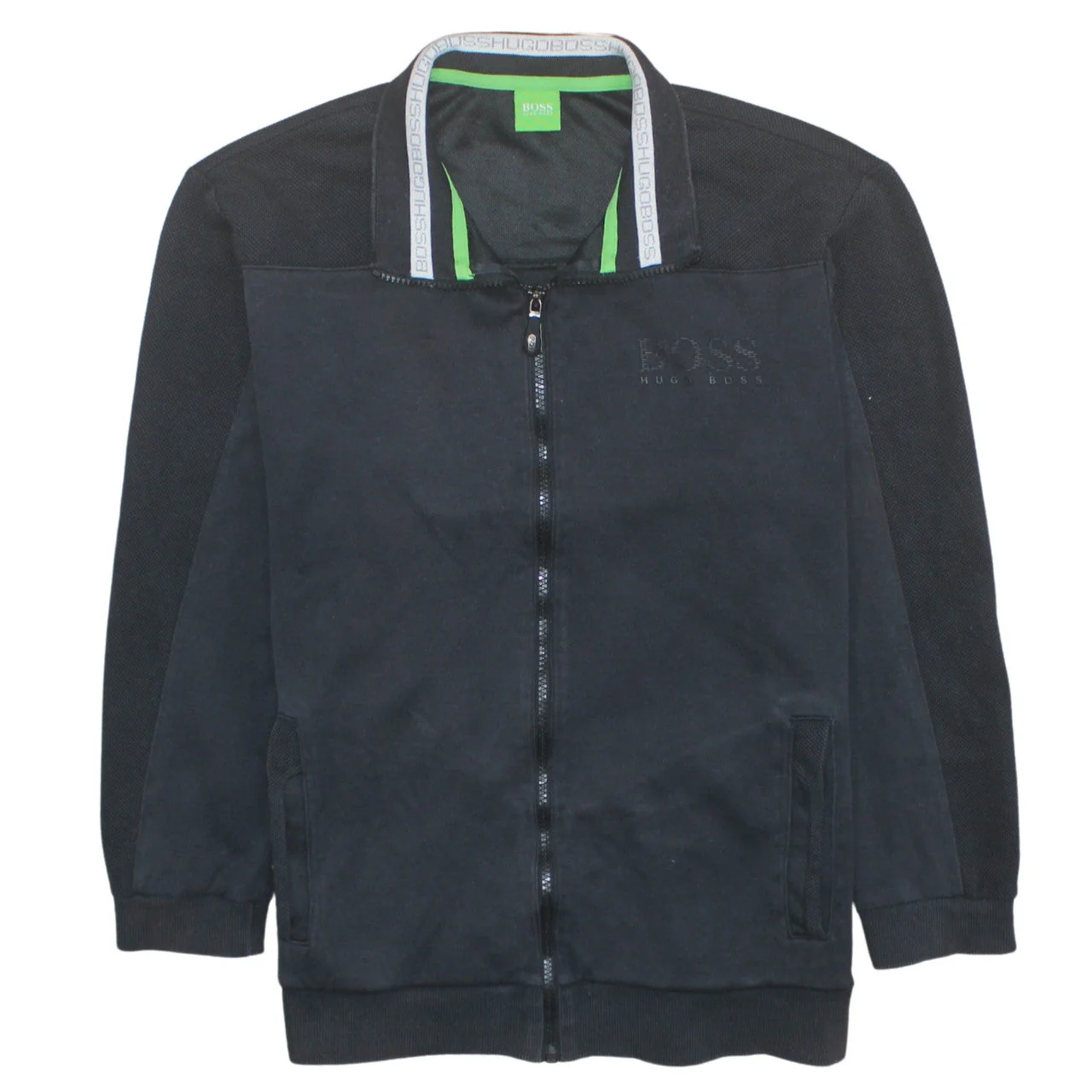 Hugo Boss Mens Black Full Zip Sweatshirt L Logo Trim Athletic Style