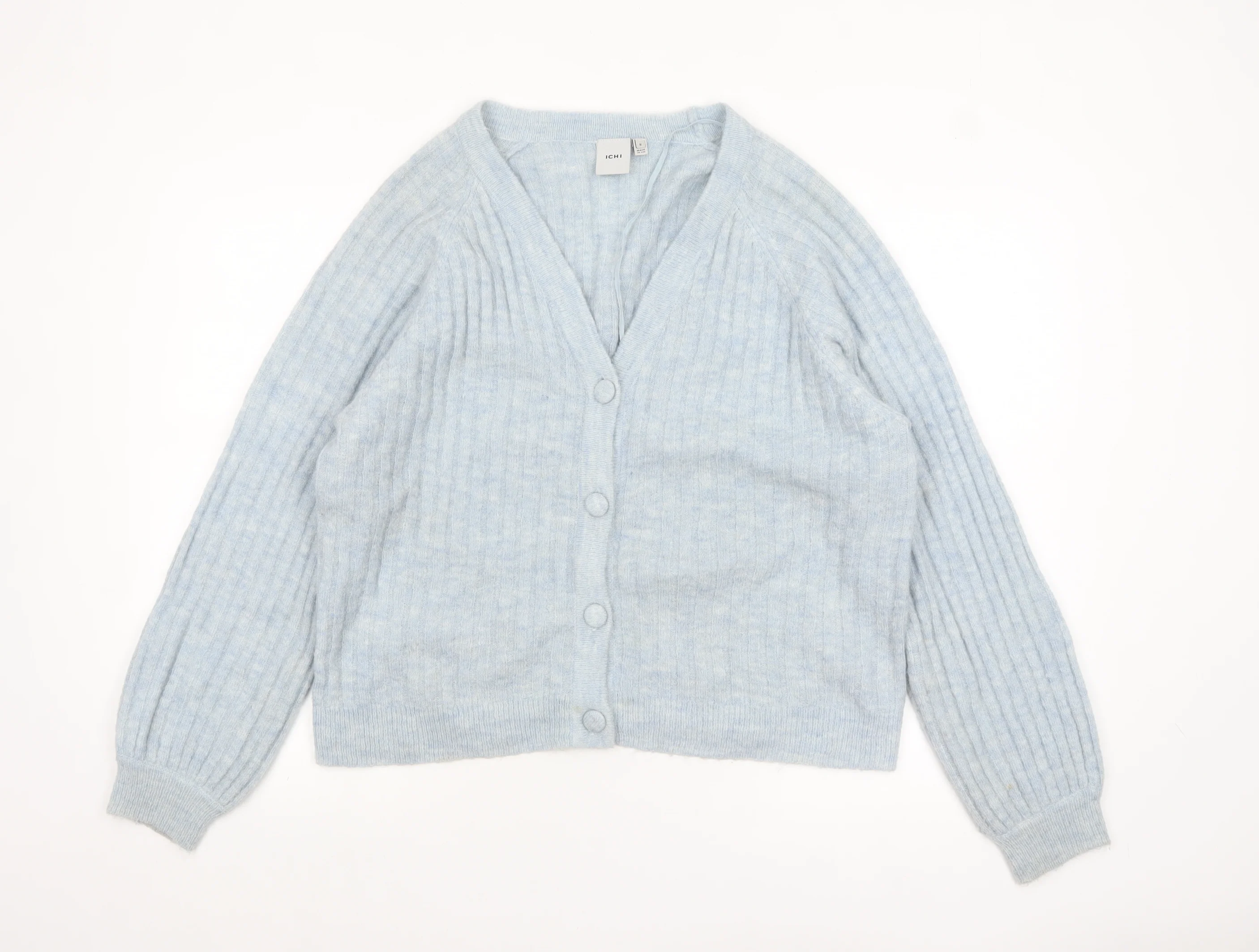 ICHI Women Blue V-Neck Ribbed Knit Long Sleeve Cardigan M