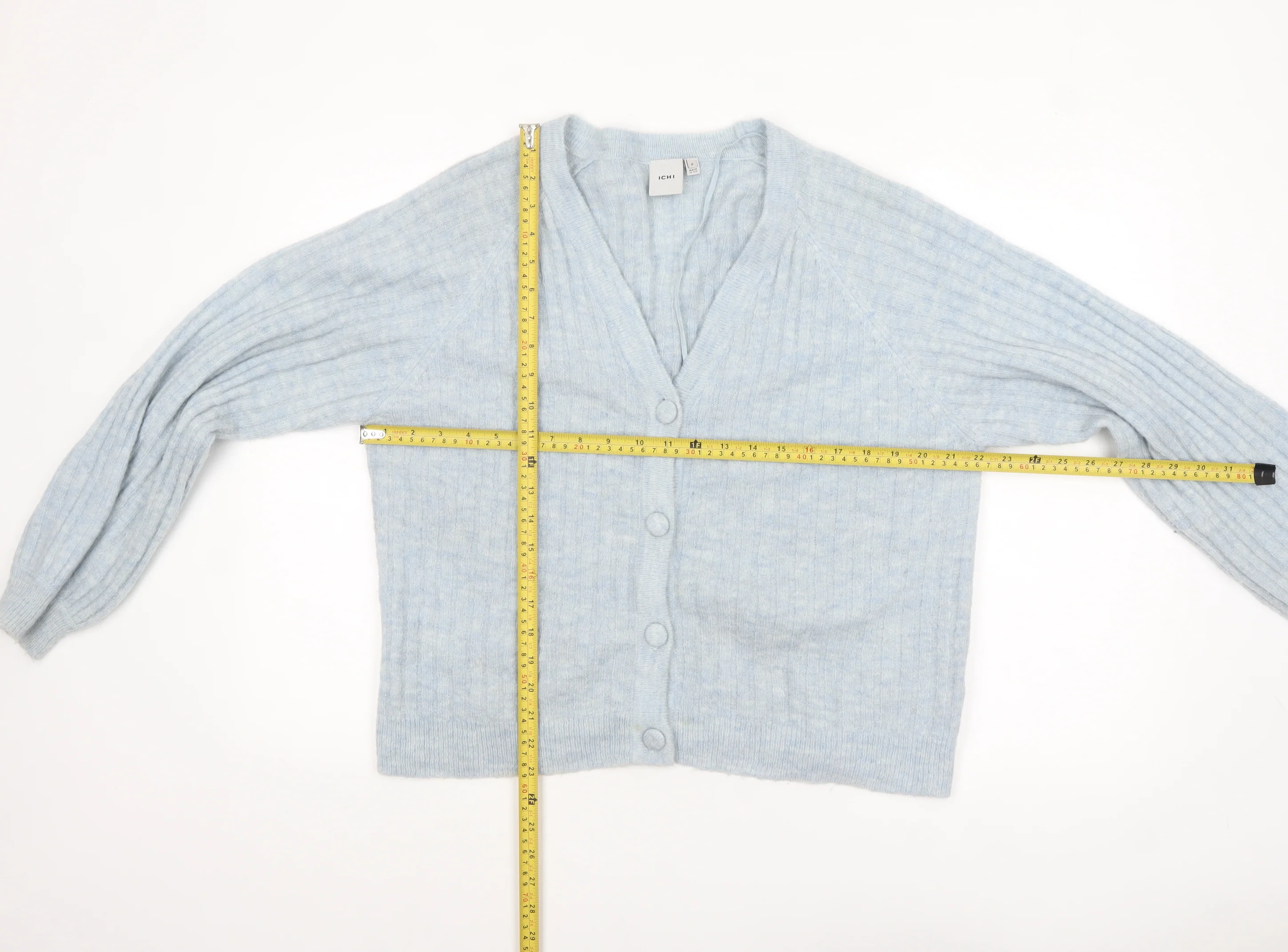 ICHI Women Blue V-Neck Ribbed Knit Long Sleeve Cardigan M - Image 2