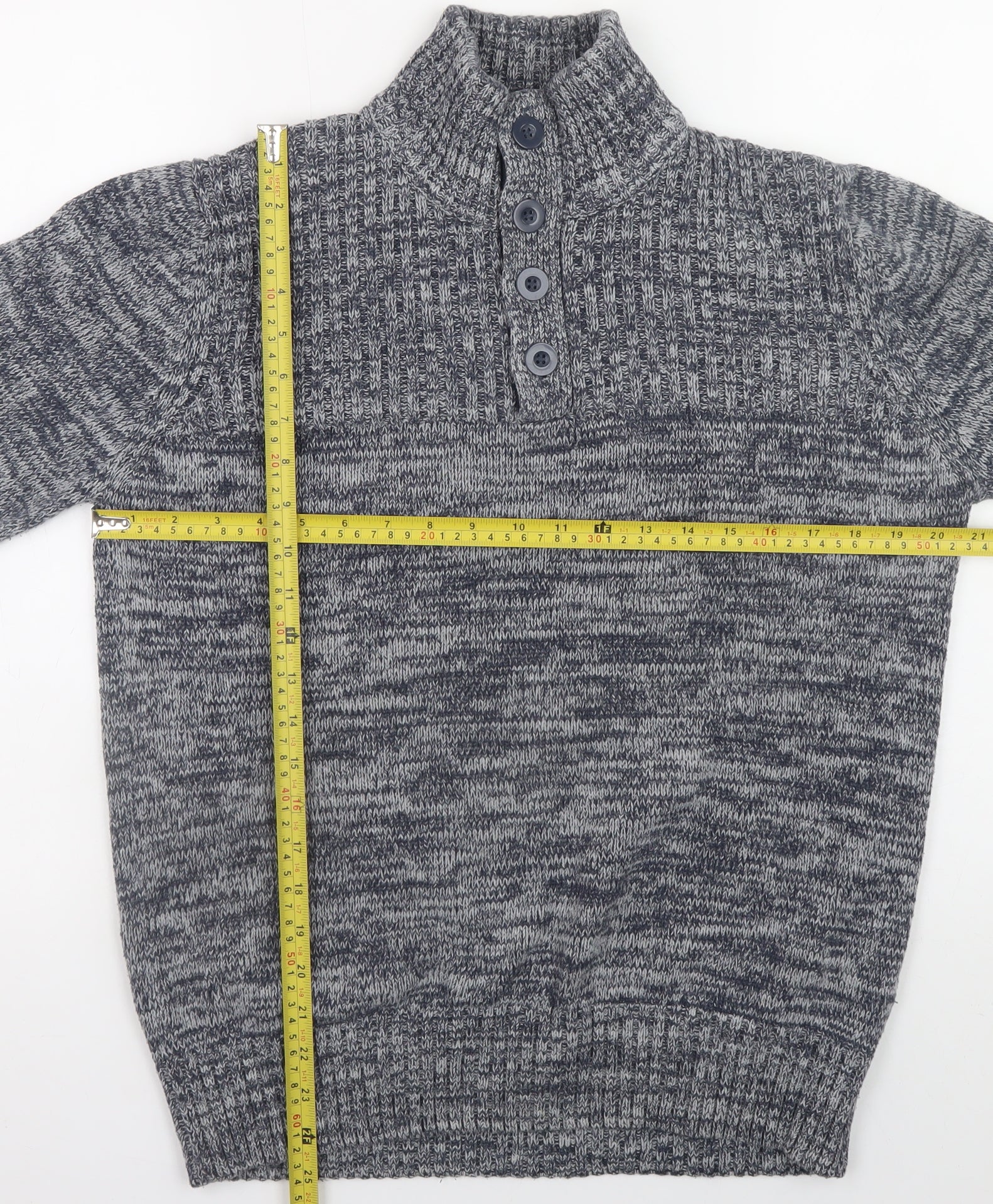 Identic Men Grey Chunky-Knit Henley Jumper M High Neck Casual - Image 2