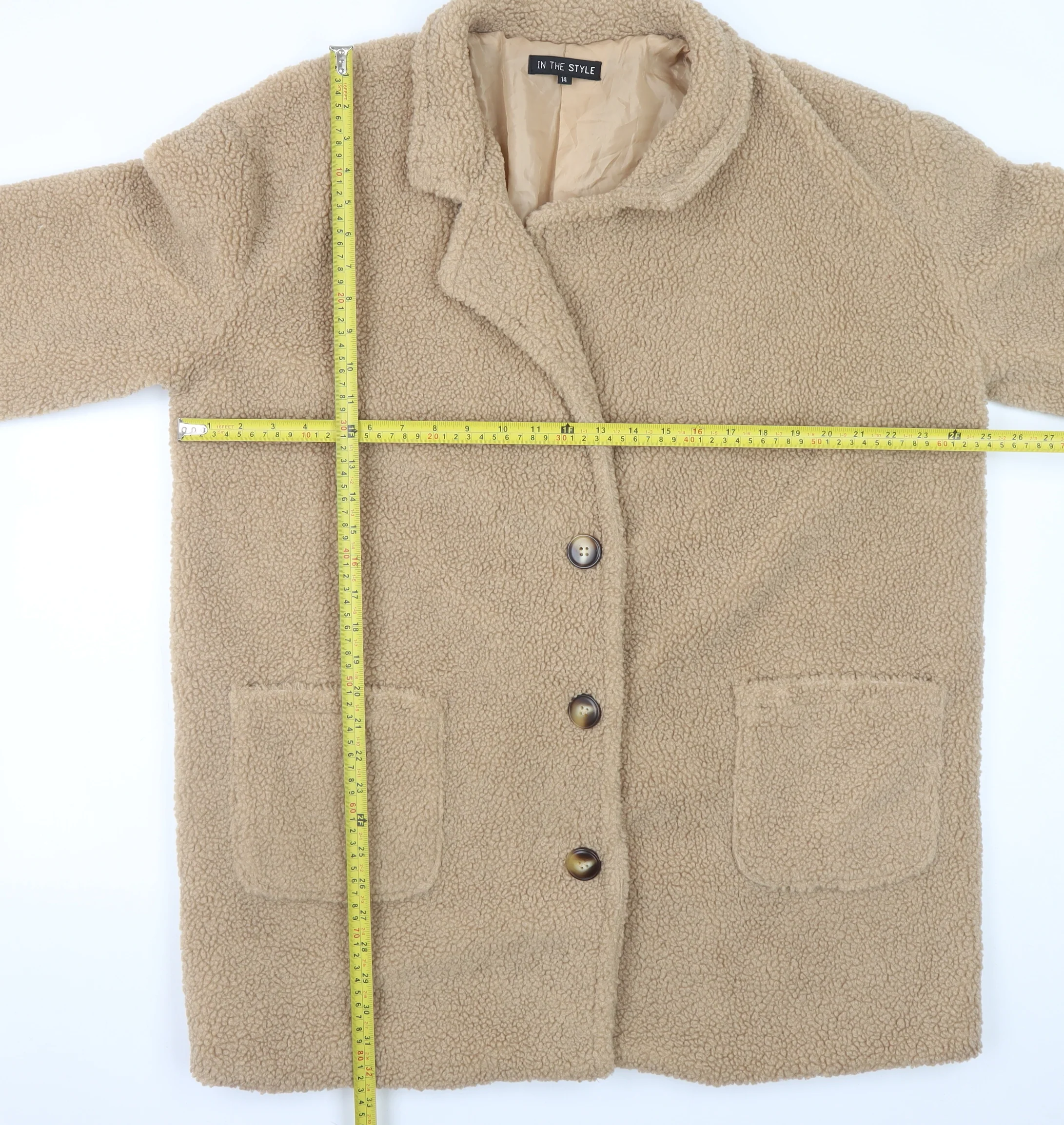 In The Style Women Beige Faux Fur Teddy Coat Size 14 Button Up Lined - Image 2