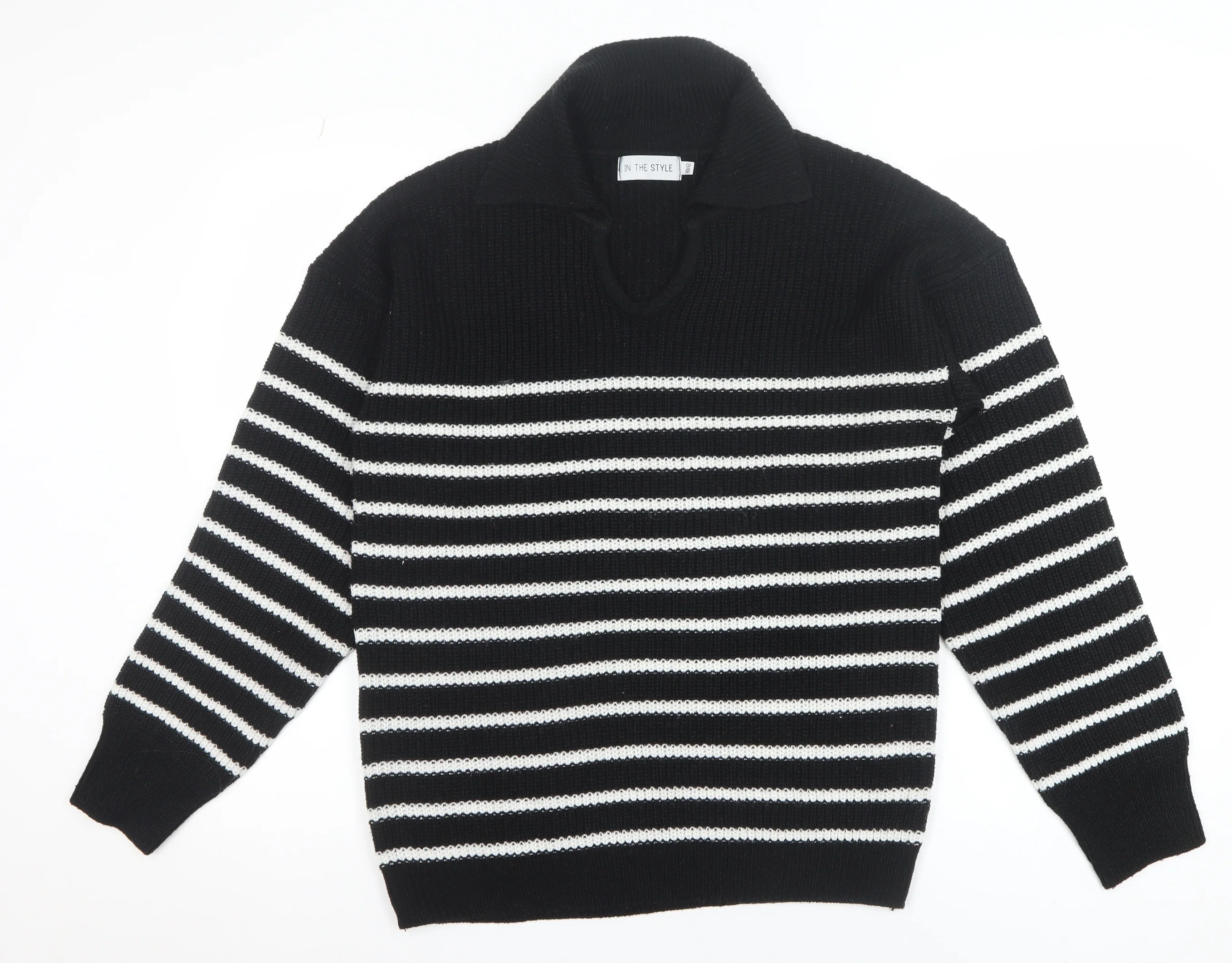 In The Style Womens Black Striped Collared Pullover Jumper Size 10/12