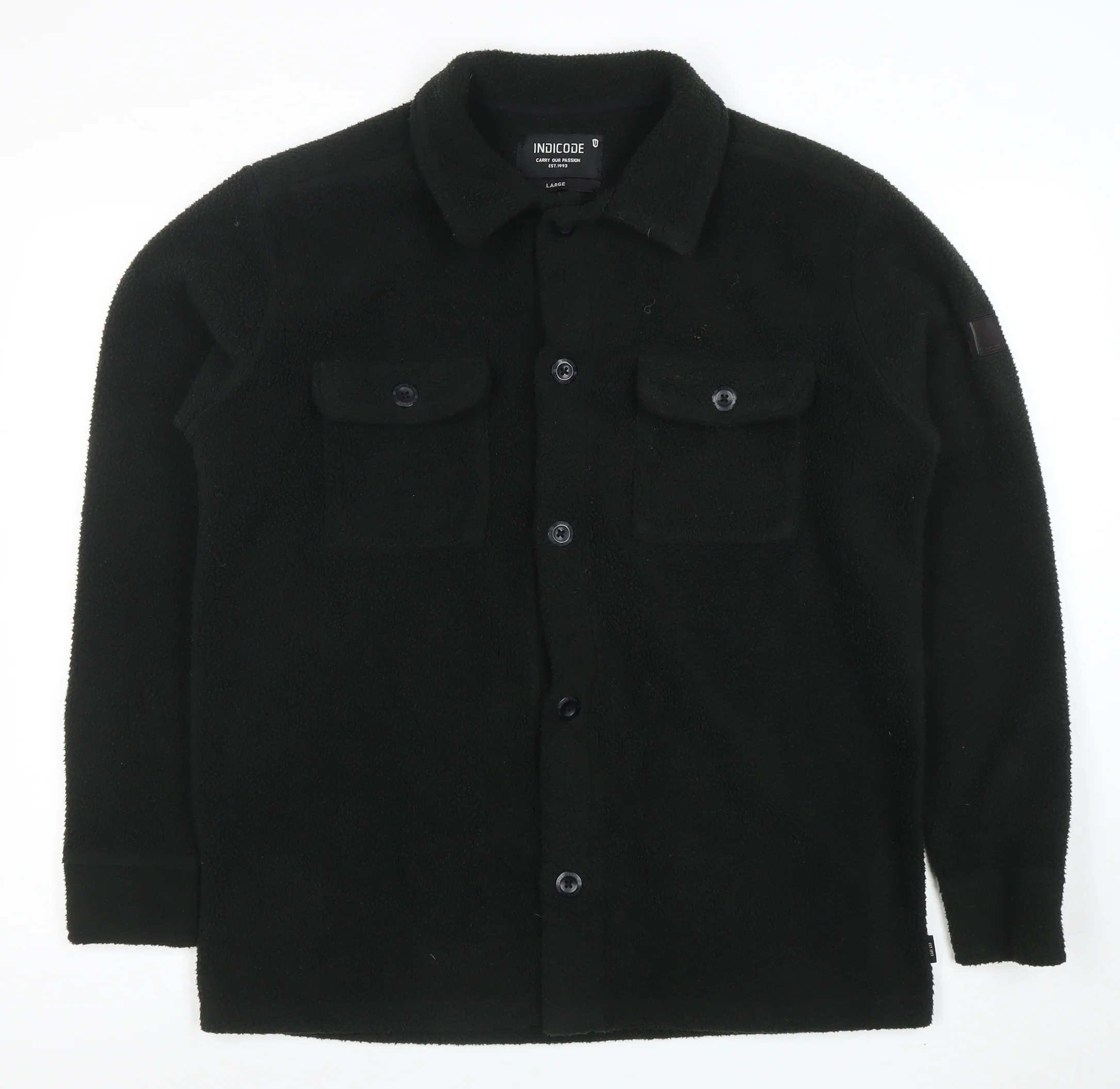 INDICODE Men’s Black Fleece Button Jacket L Collared Mid-Length