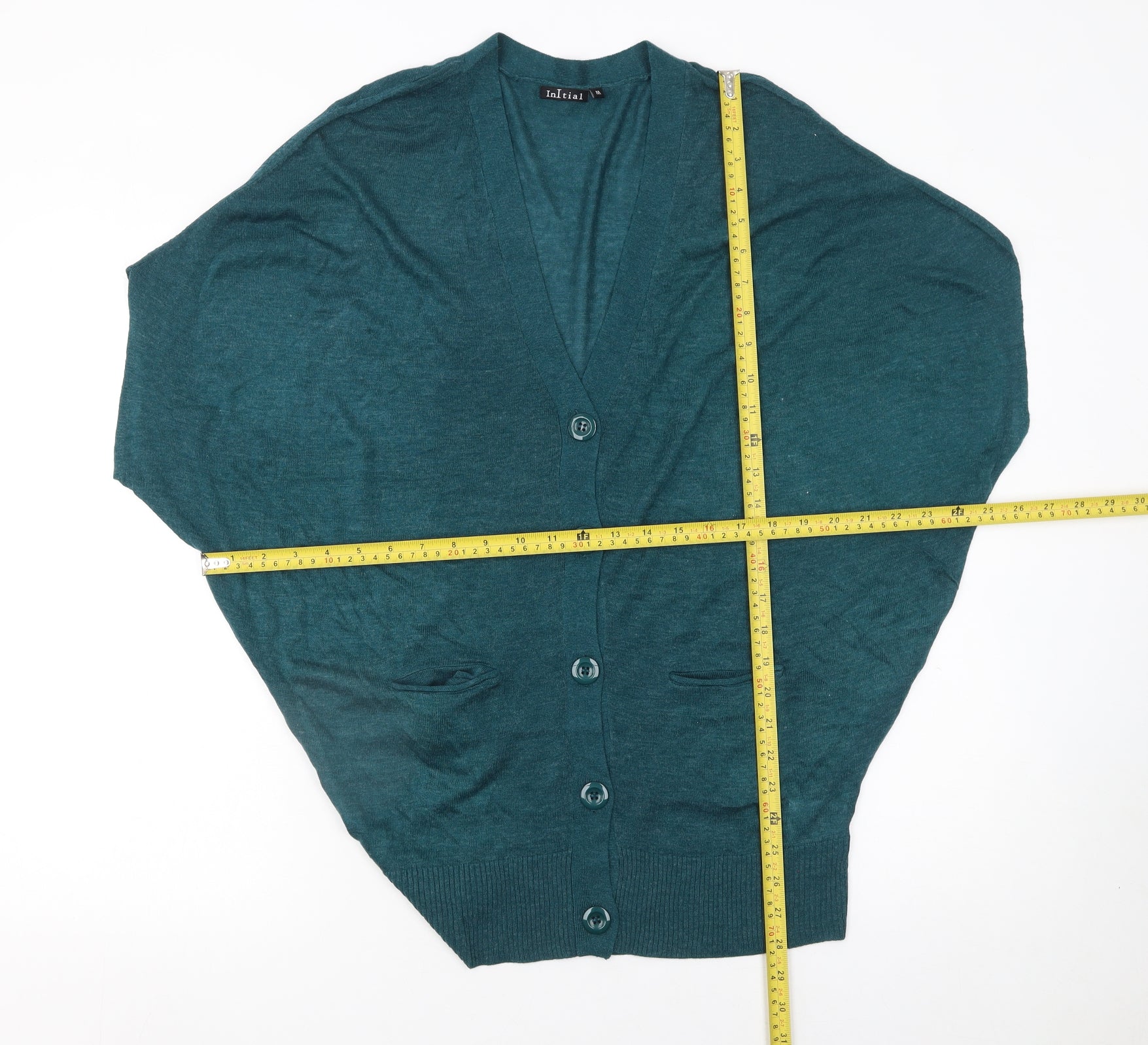 Initial Women's Green V-Neck Button Cardigan Size M Relaxed Fit Knit - Image 2