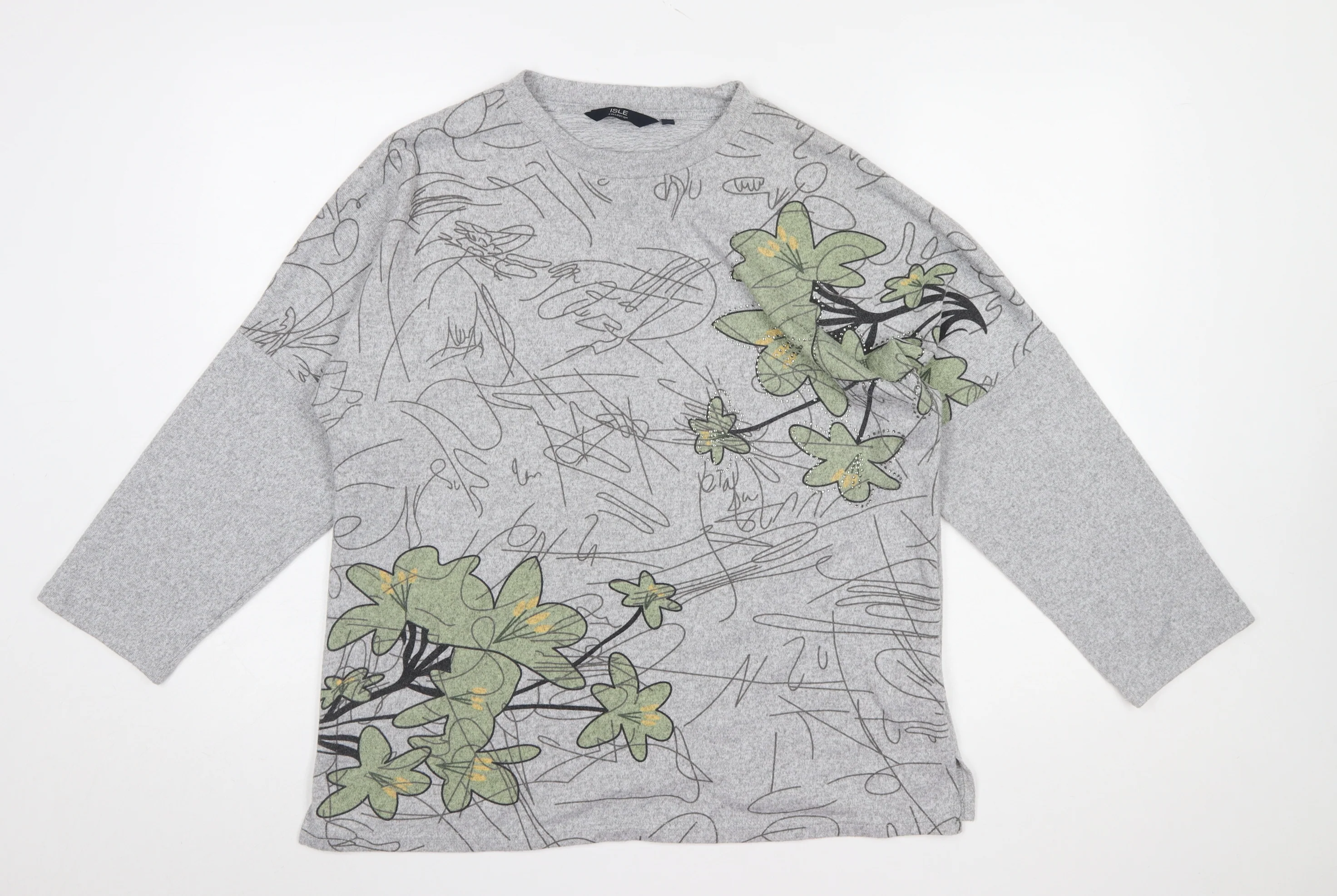 Isle Collection Women's Grey Floral Pullover Jumper M Regular Fit