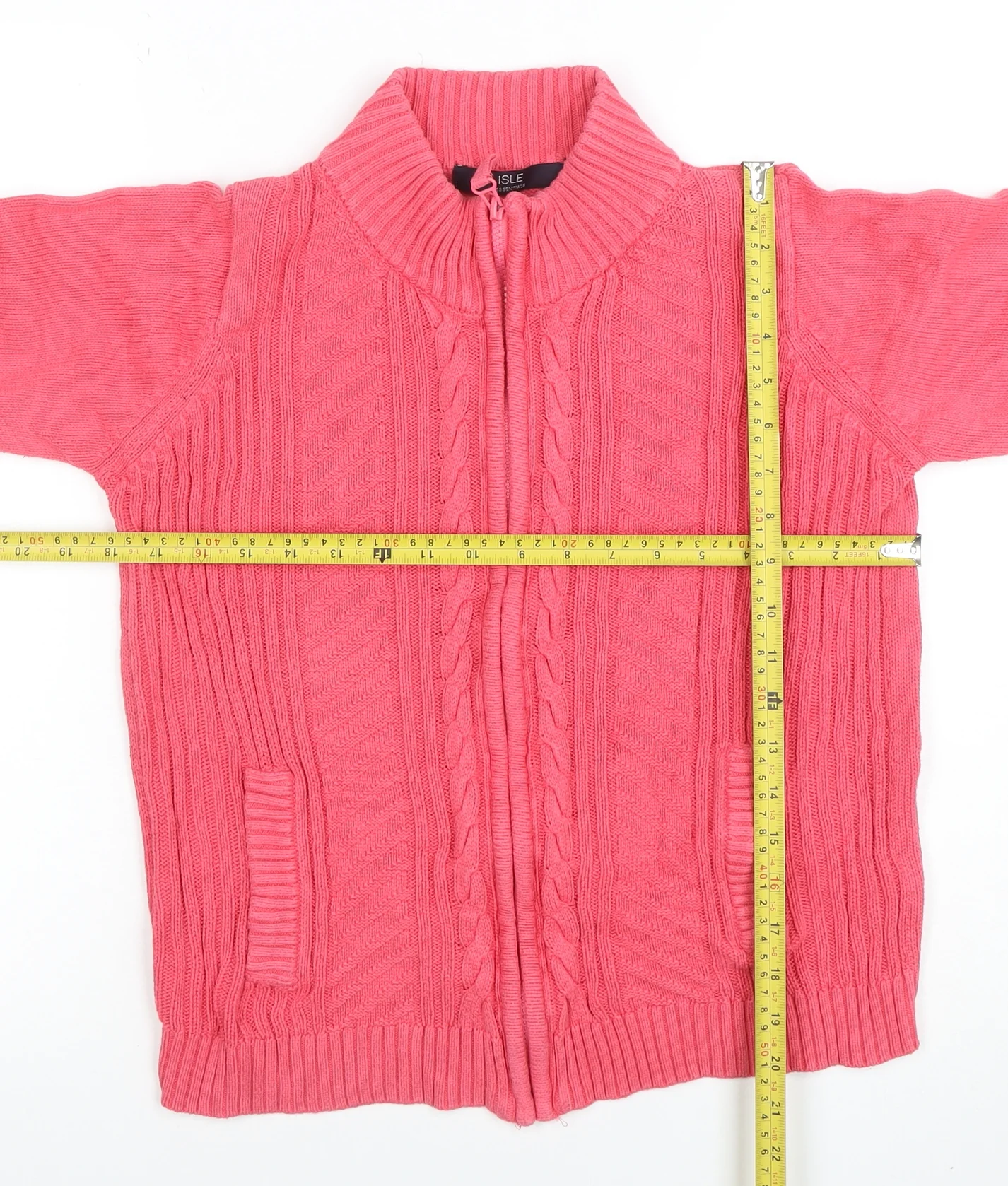 Isle Essentials Womens Pink Full Zip Cotton Cable Knit Jumper S - Image 2