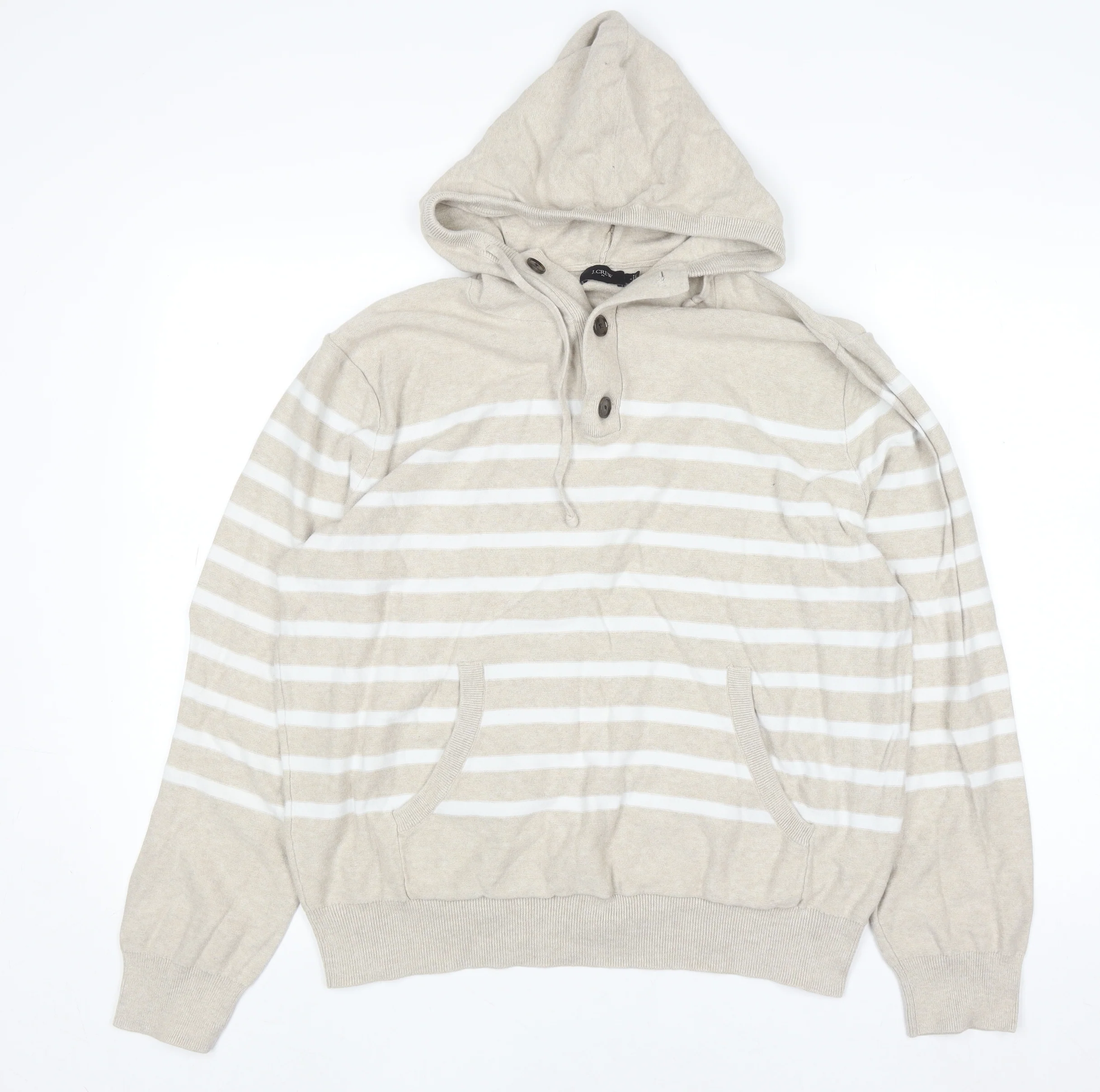 J.Crew Women Beige Striped Cotton Henley Hoodie Size L