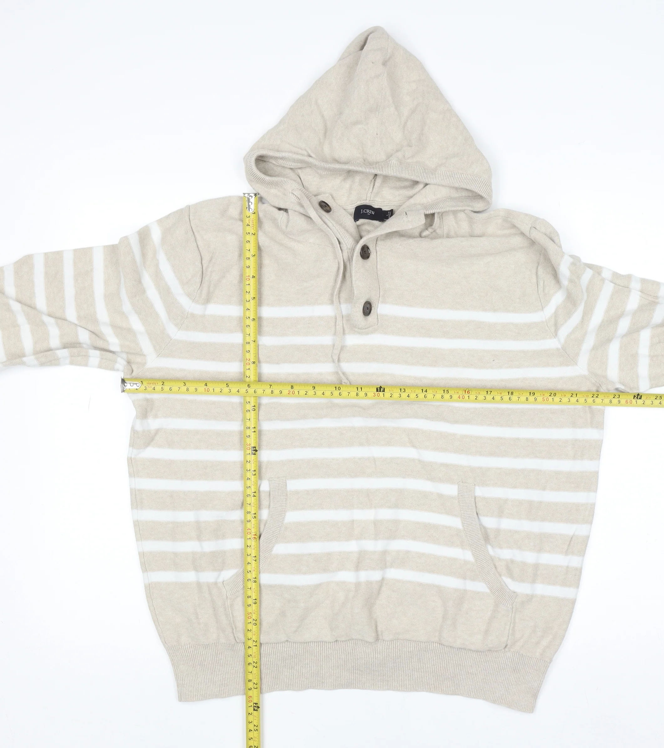 J.Crew Women Beige Striped Cotton Henley Hoodie Size L - Image 2