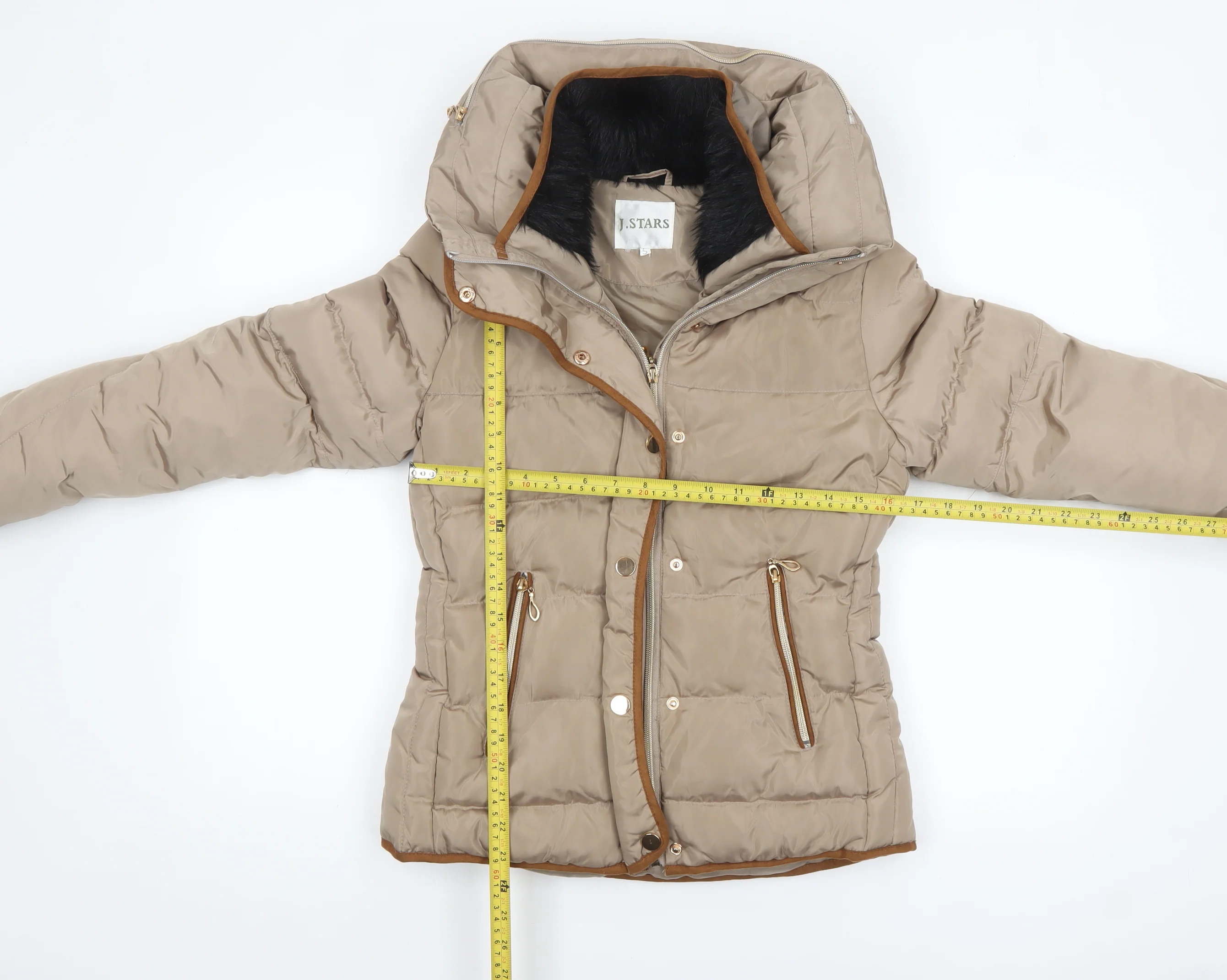 J.STARS Women’s Beige Short Puffer Jacket Hooded Size S Winter Coat - Image 2