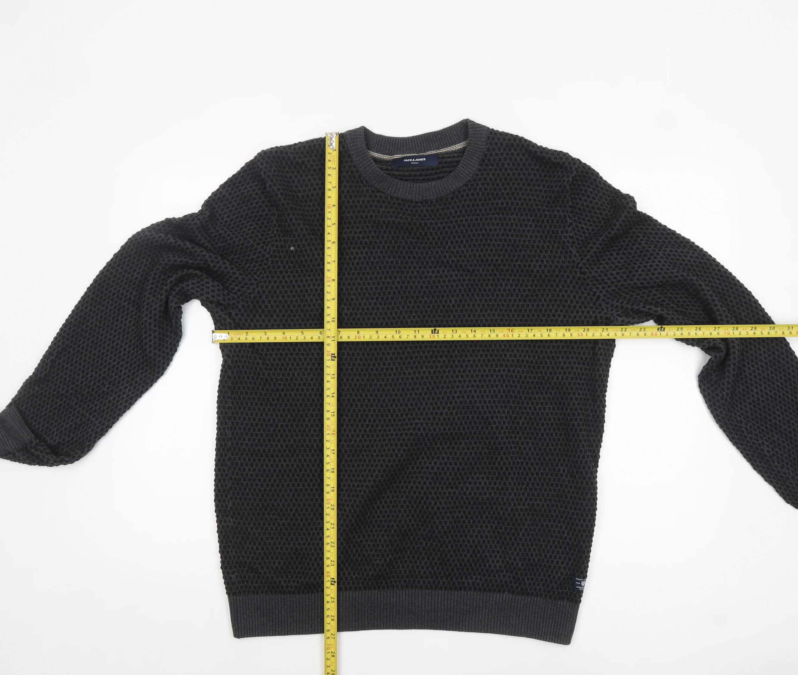 Jack & Jones Men’s Black Waffle Knit Crew Neck Jumper XL - Image 2