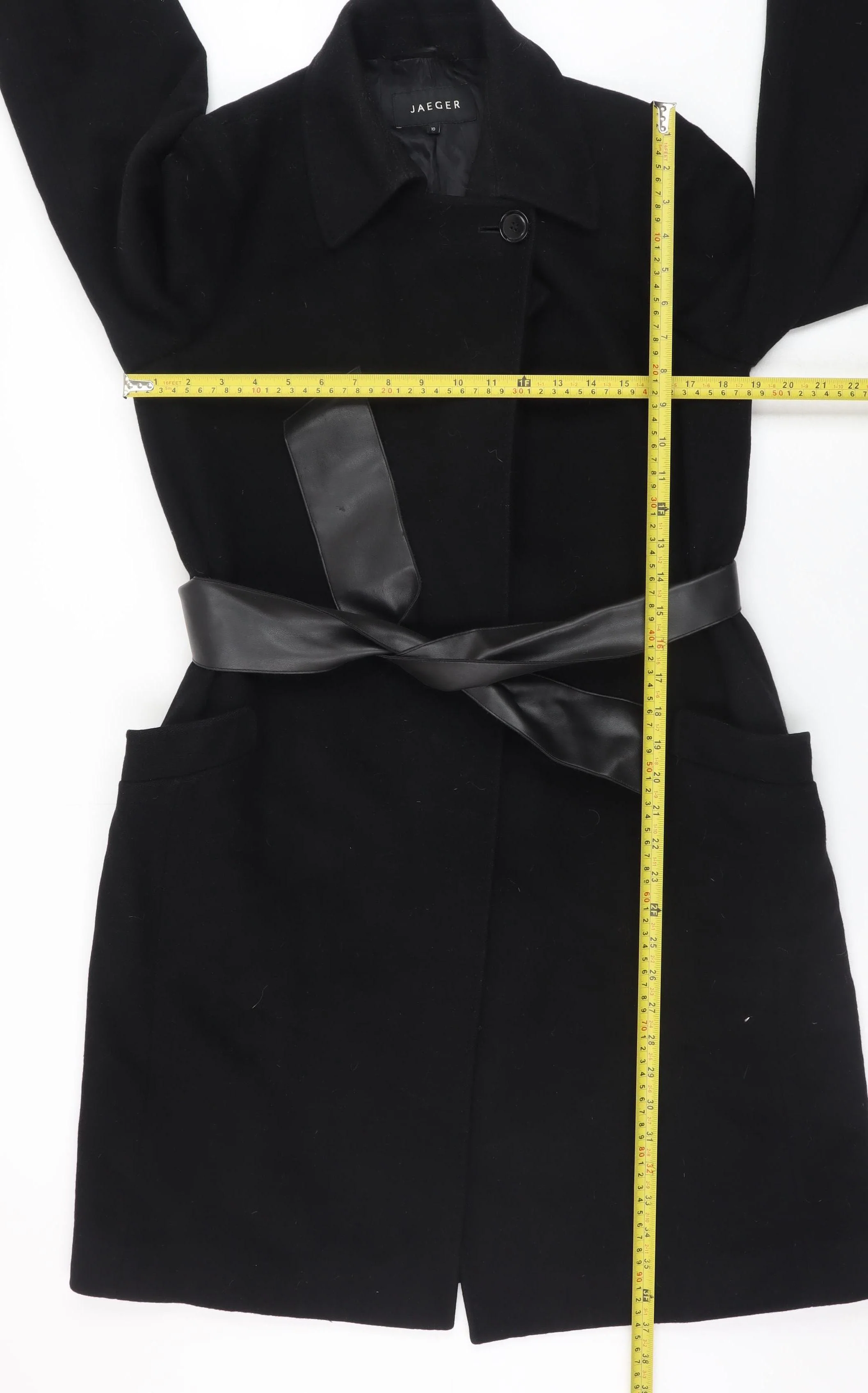 Jaeger Womens Black Wool Long Belted Coat UK 10 Medium Classic Style - Image 2