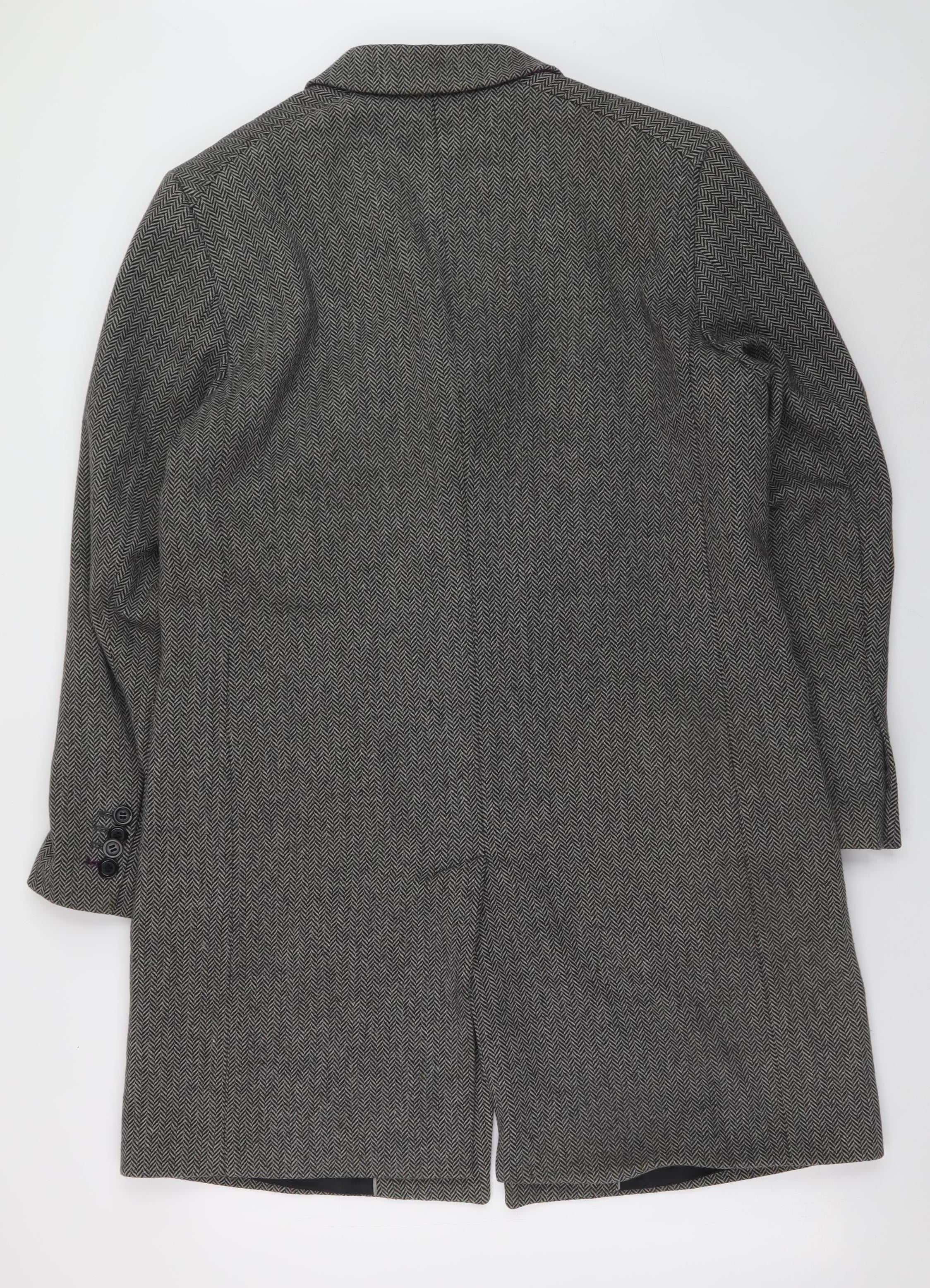 Jasper Conran Men's Grey Herringbone Wool Blend Overcoat M - Image 3