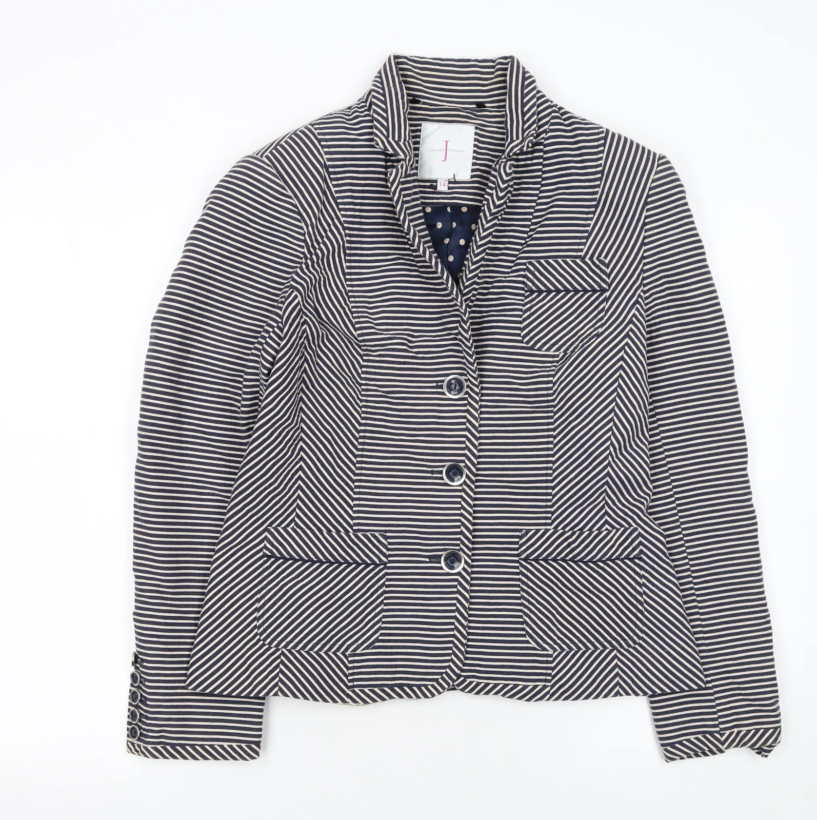 Jasper Conran Women Blue Striped Size 14 Classic Blazer Jacket