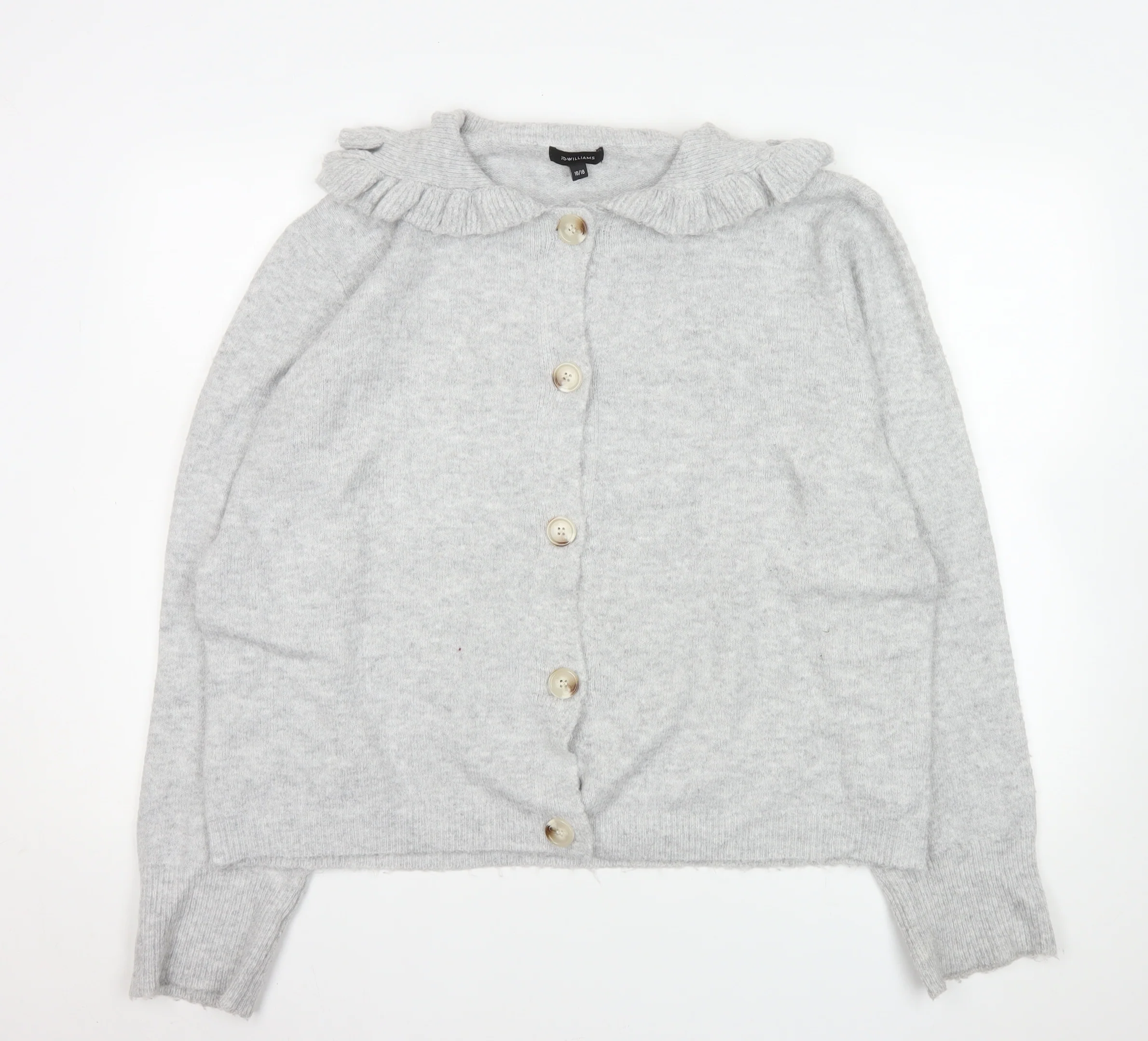 JD Williams Women Grey Cardigan Size 16/18 Button Front Ruffle Collar Knit