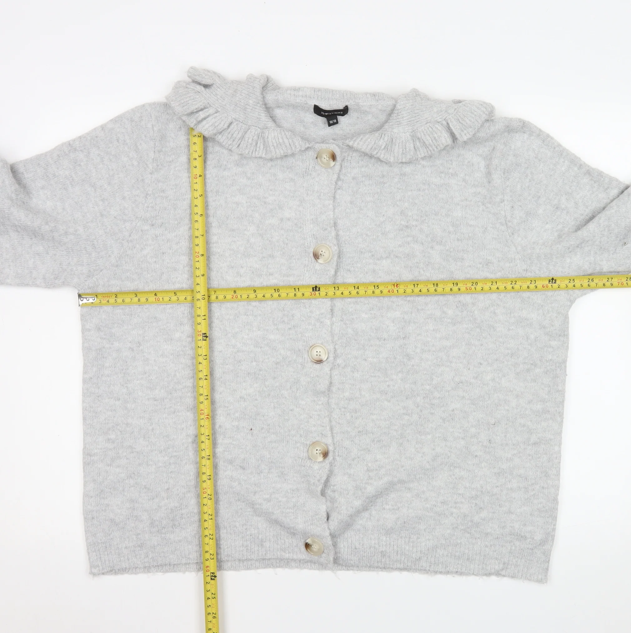 JD Williams Women Grey Cardigan Size 16/18 Button Front Ruffle Collar Knit - Image 2