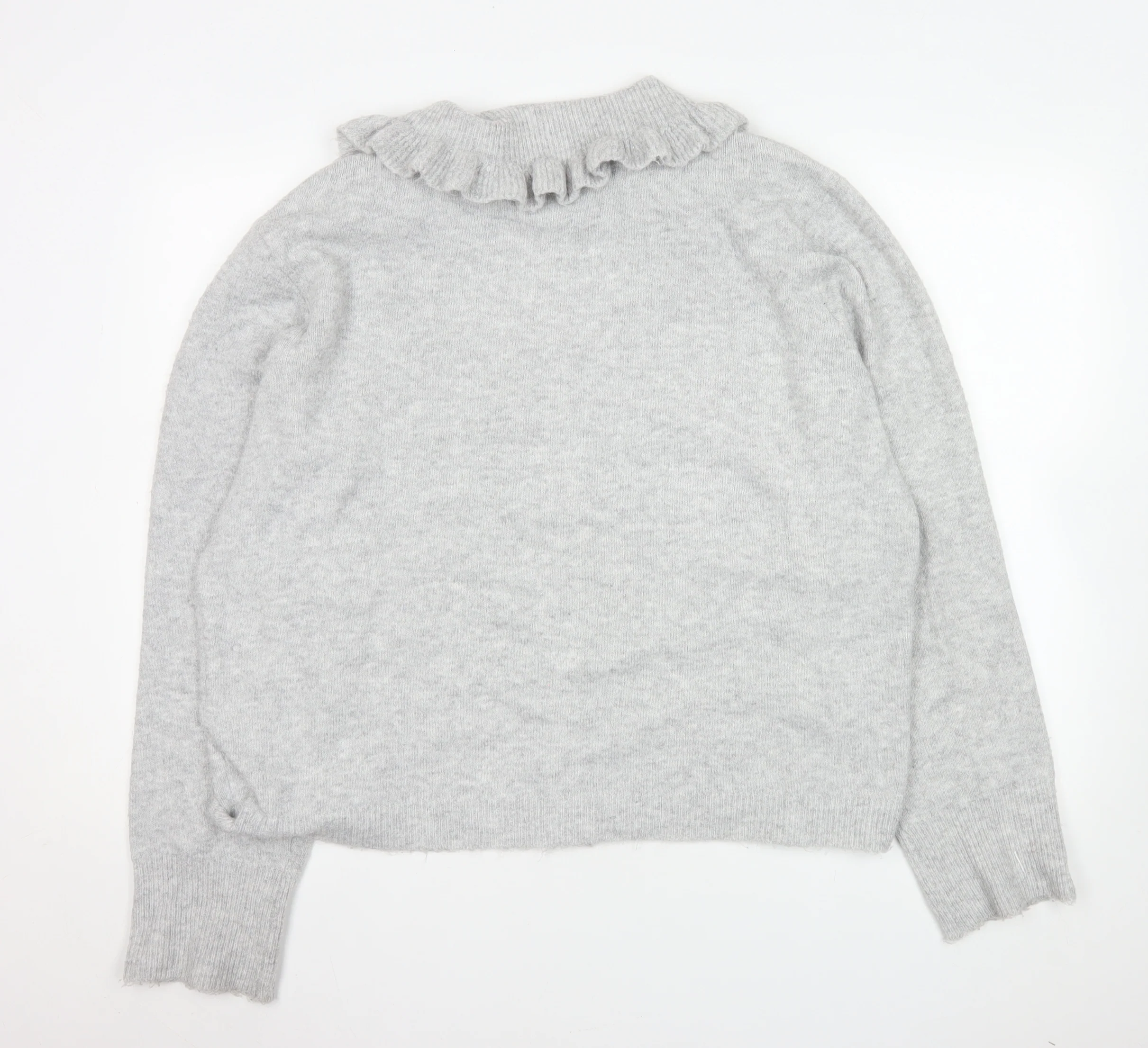 JD Williams Women Grey Cardigan Size 16/18 Button Front Ruffle Collar Knit - Image 3