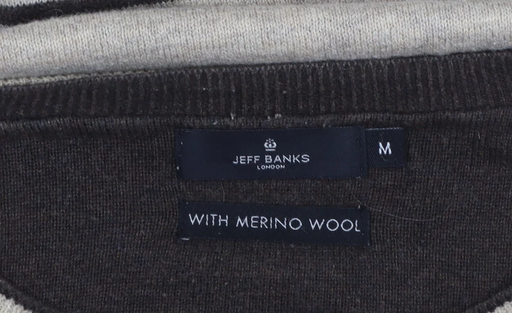 Jeff Banks Men's Beige Striped Merino Wool Cotton Pullover Jumper M - Image 6
