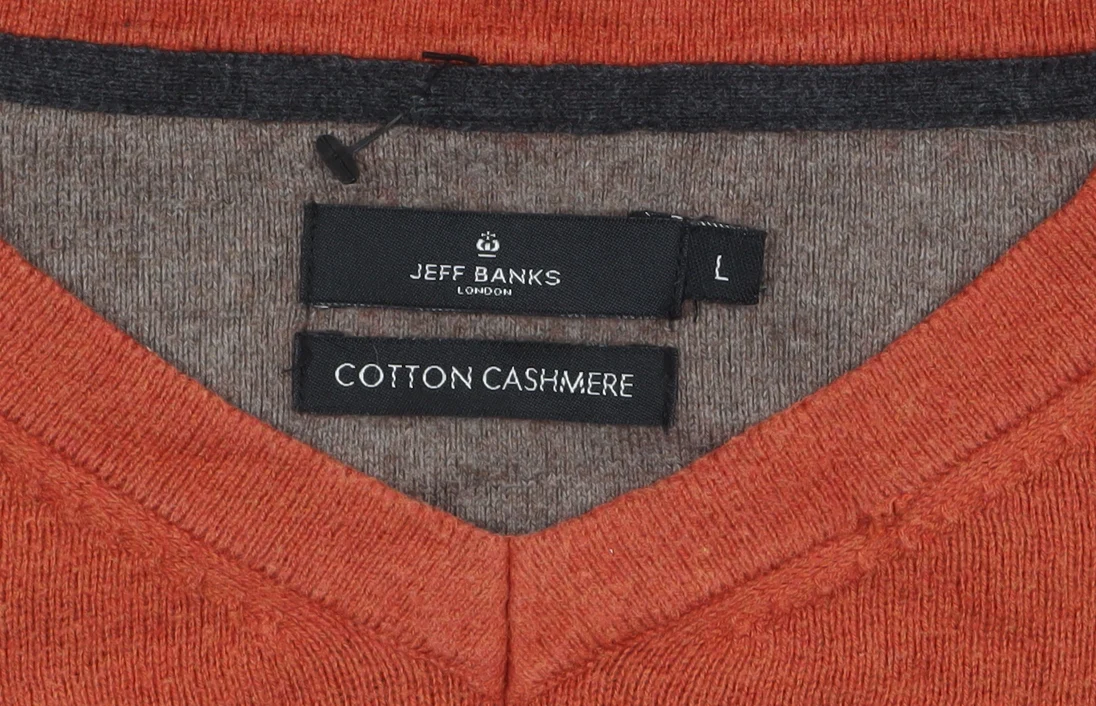 Jeff Banks Men's Orange Cotton Cashmere V-Neck Jumper L - Image 5