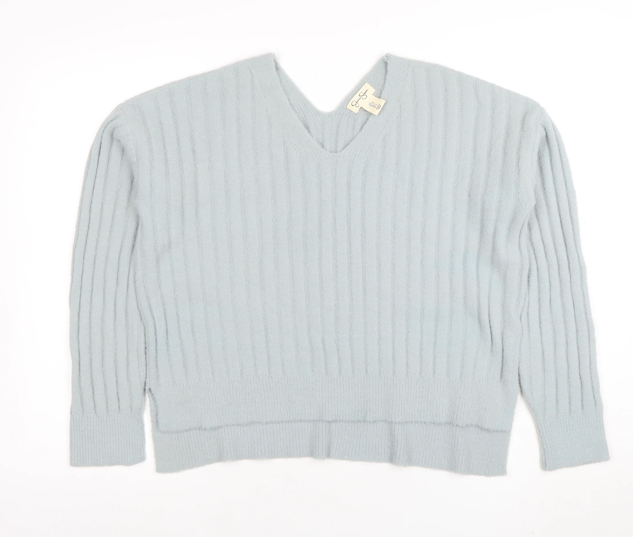 Jessica Simpson Women Blue V-Neck Ribbed Pullover Jumper L